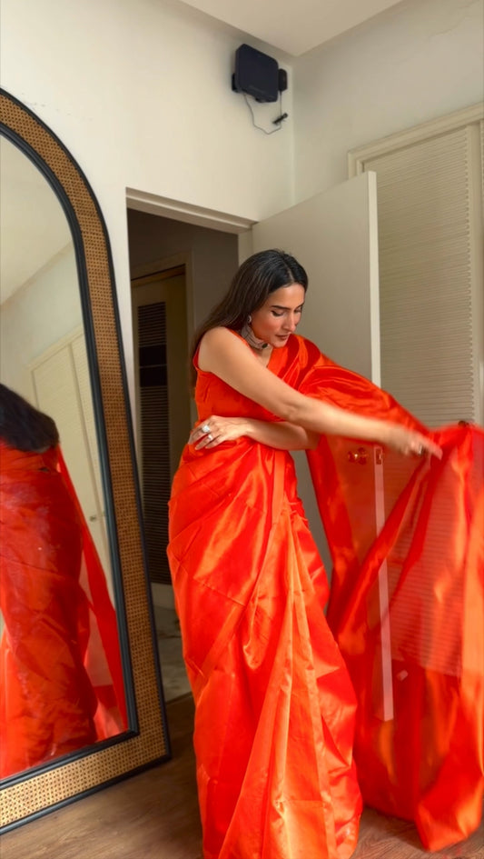 Sunset orange chanderi silk saree with silk border