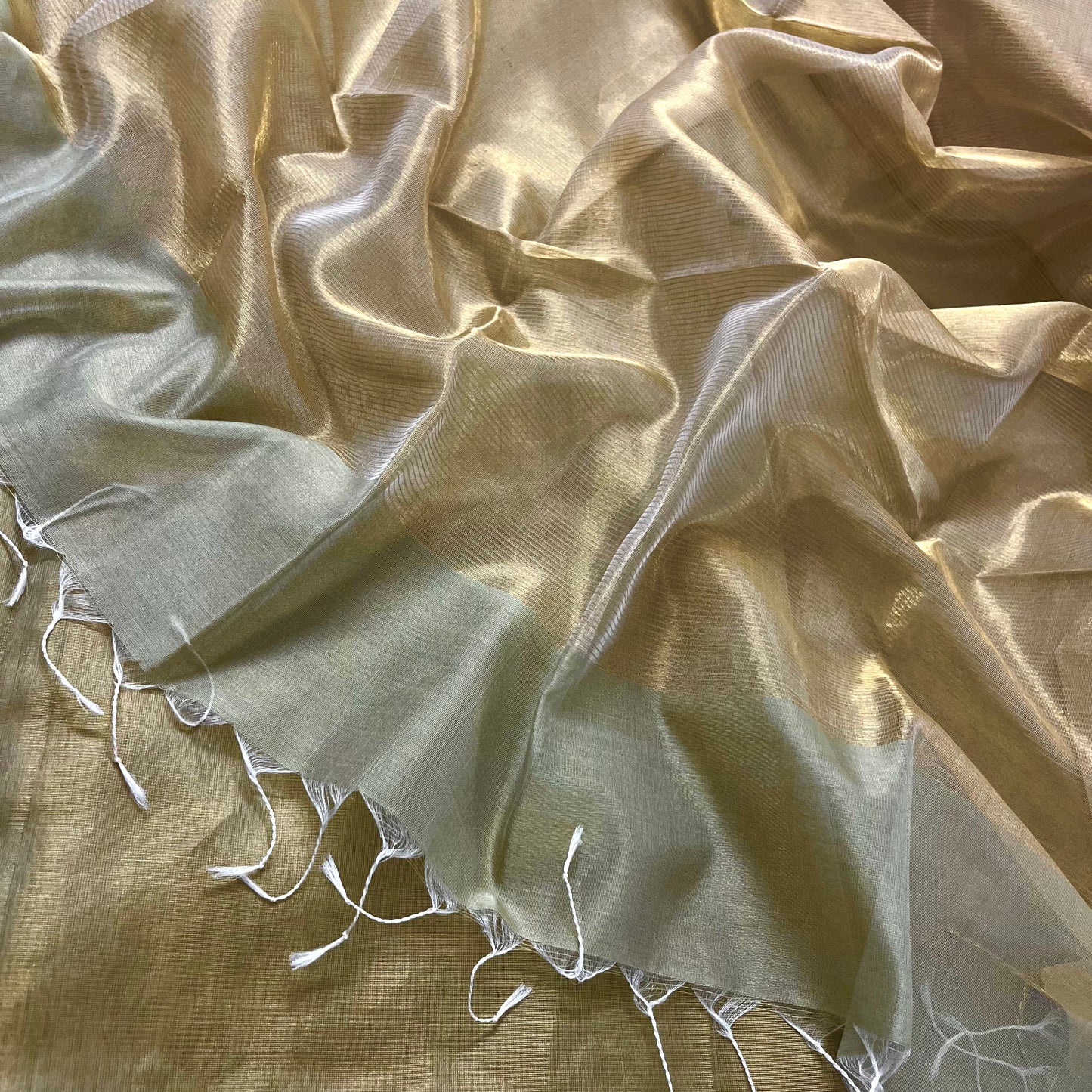 Olive Gold Maheshwari Tissue Silk Suit with Zari Lines on Dupatta