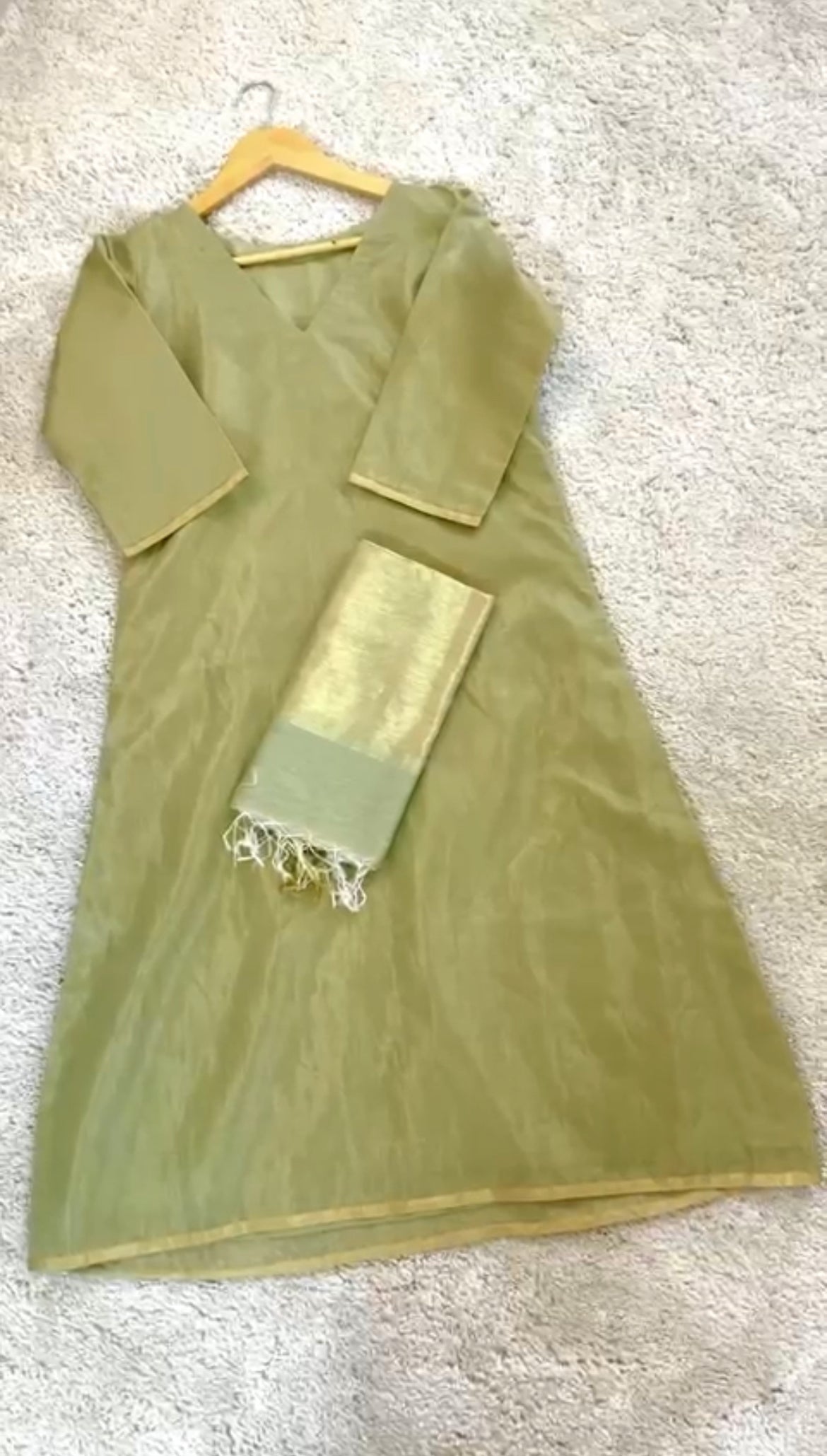 Olive Gold Maheshwari Tissue Silk Suit with Zari Lines on Dupatta