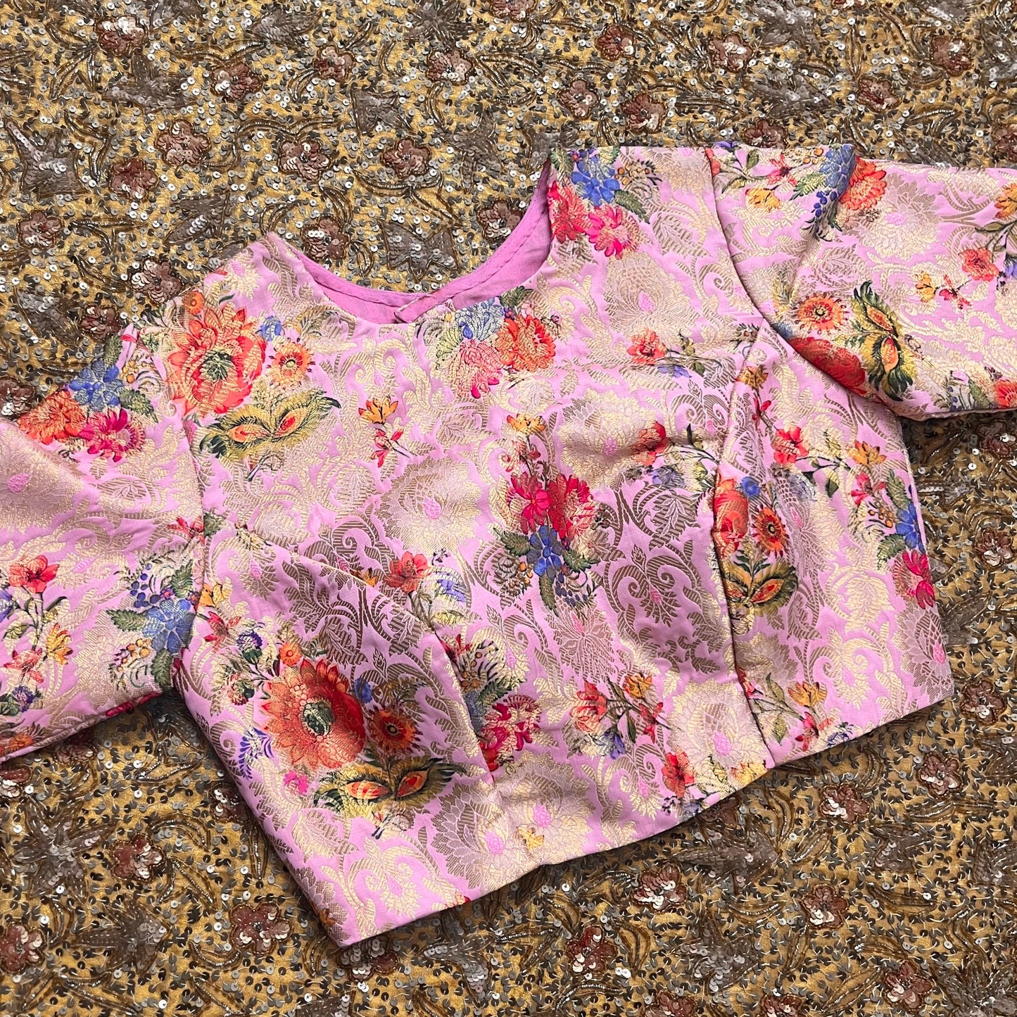 Rose pink brocade silk pre stitched blouse