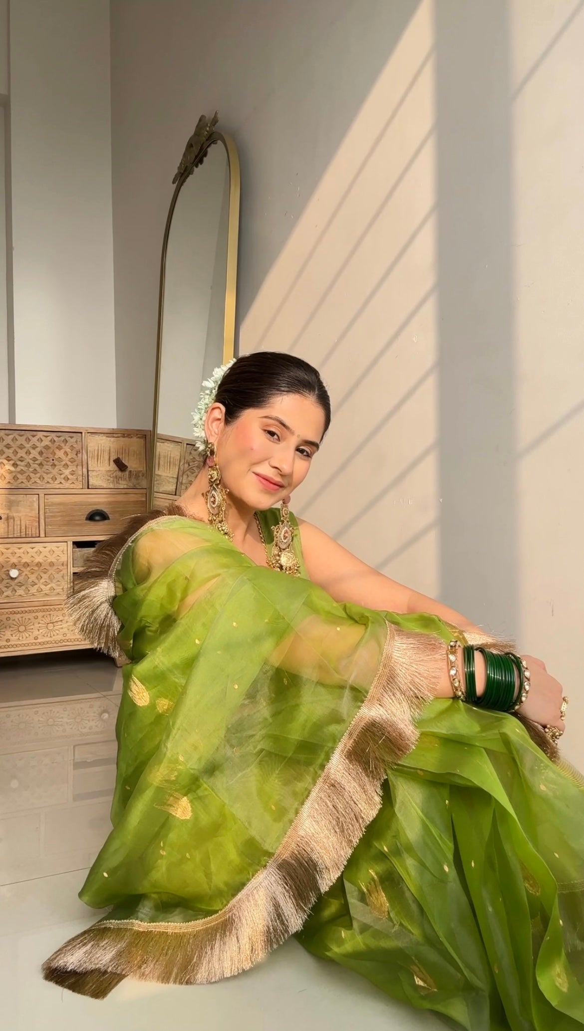 Tropical green chanderi silk saree with zari bootis and chaand bootis all over