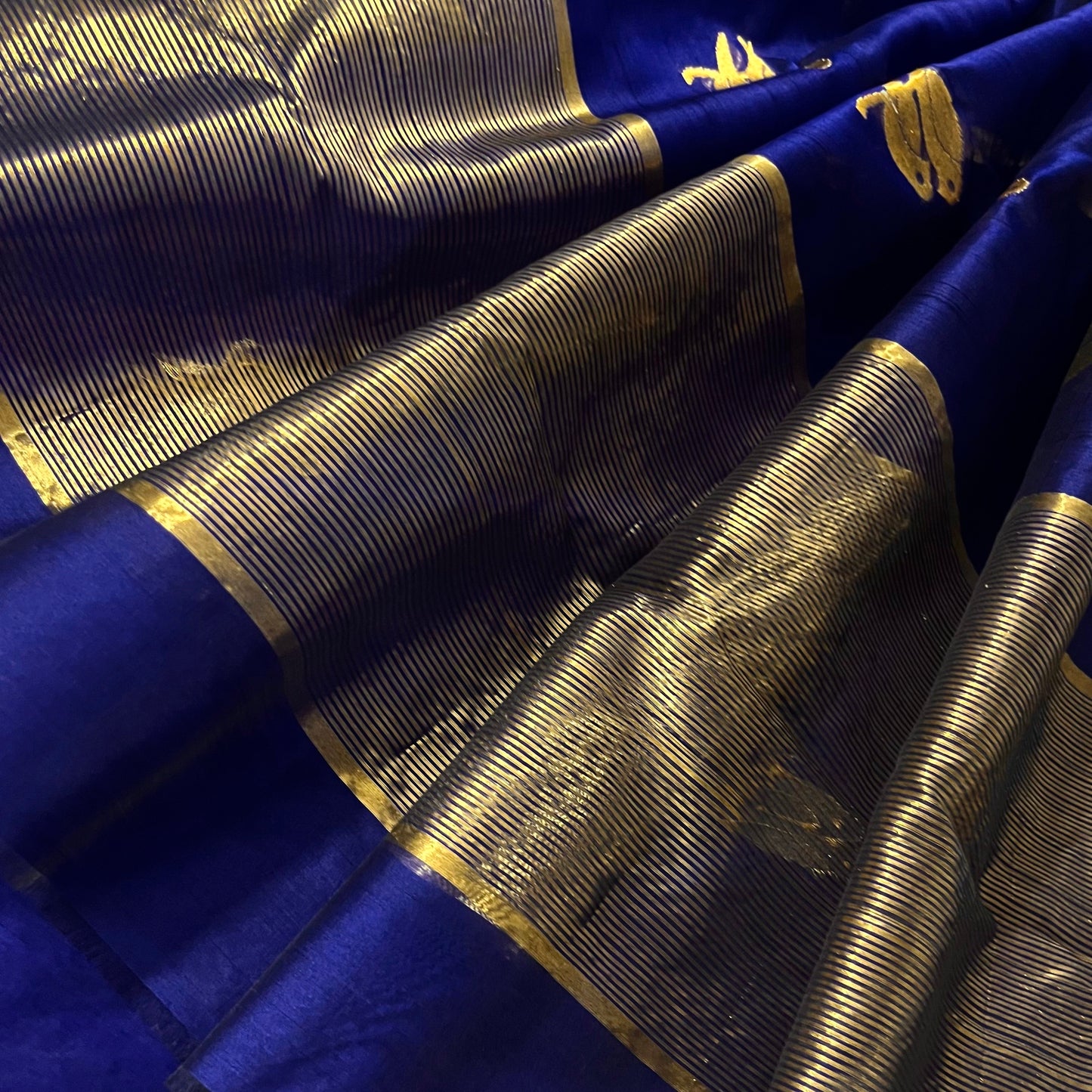 Midnight blue chanderi organza silk saree with bird motifs all over