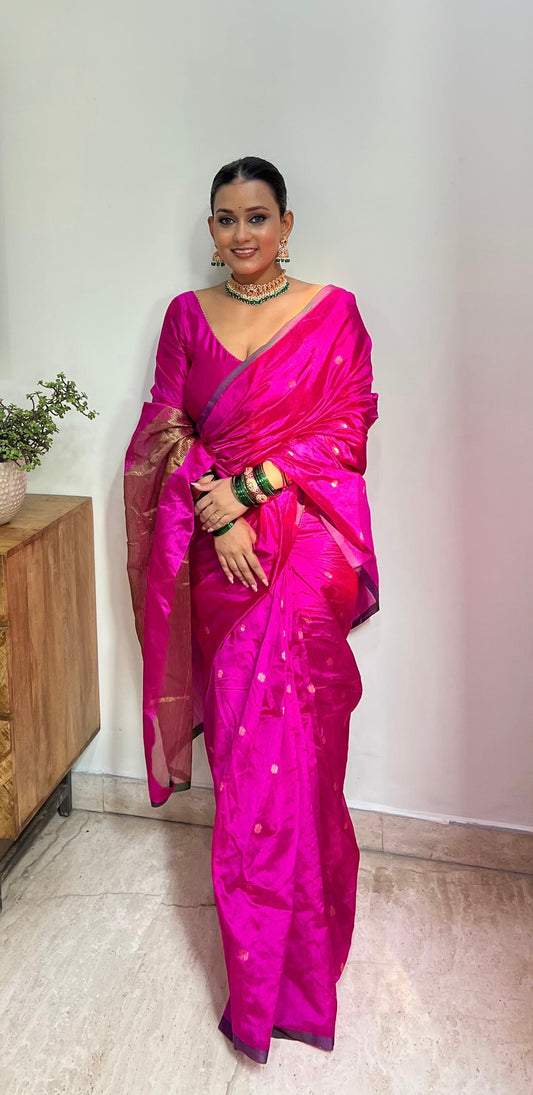 Magenta pink chanderi silk saree with flower bootis all over