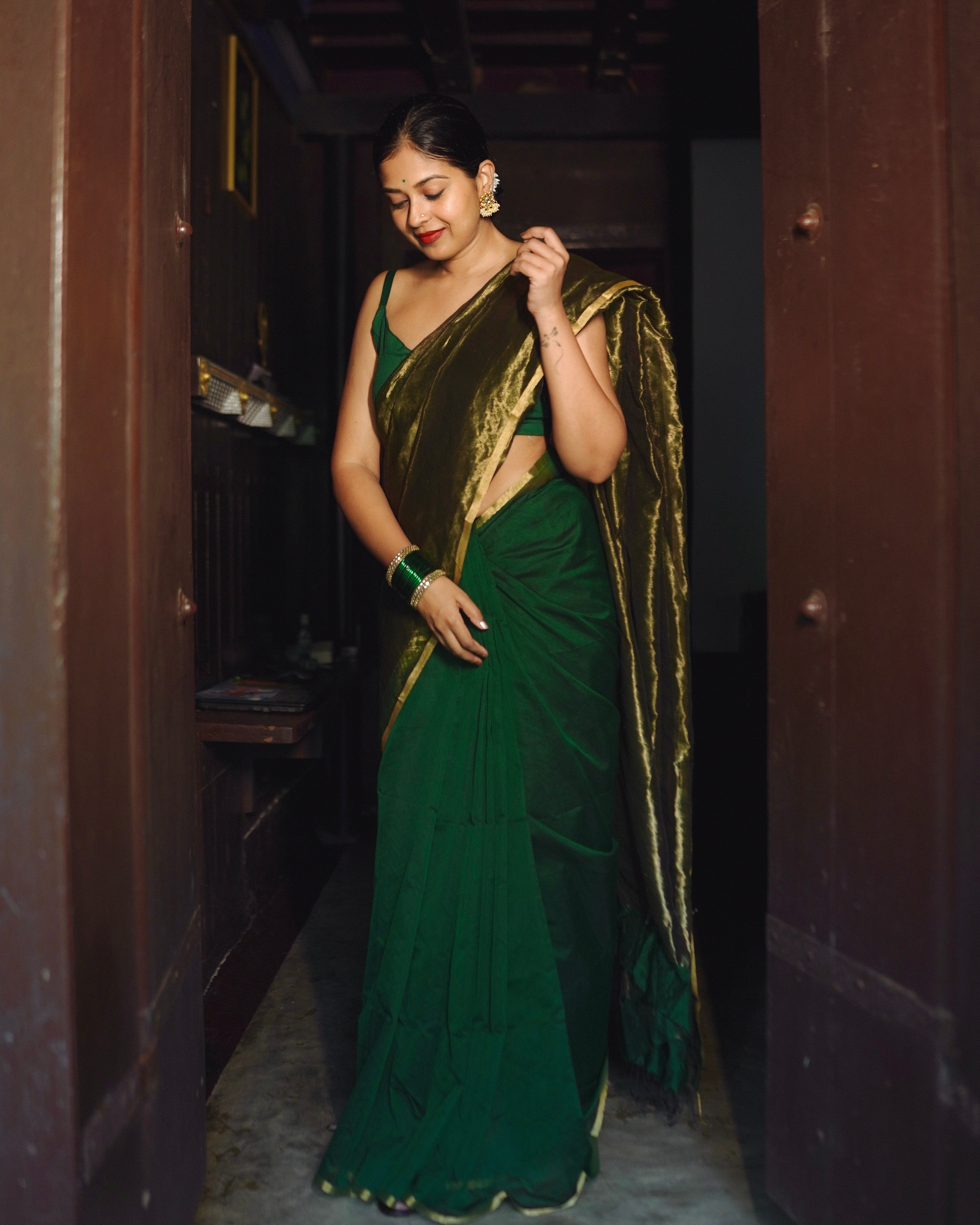 Buy Wedding Saree | Dark Green Floral Silk Saree At Hatkay