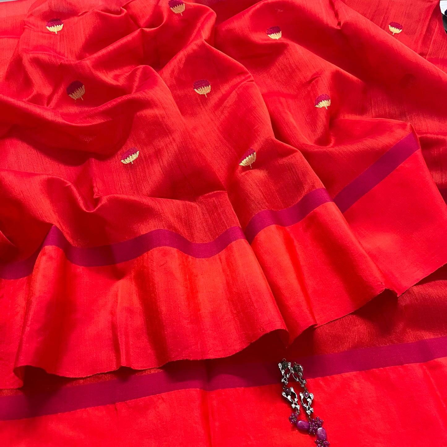 Tomato red and pink chanderi saree with silk border
