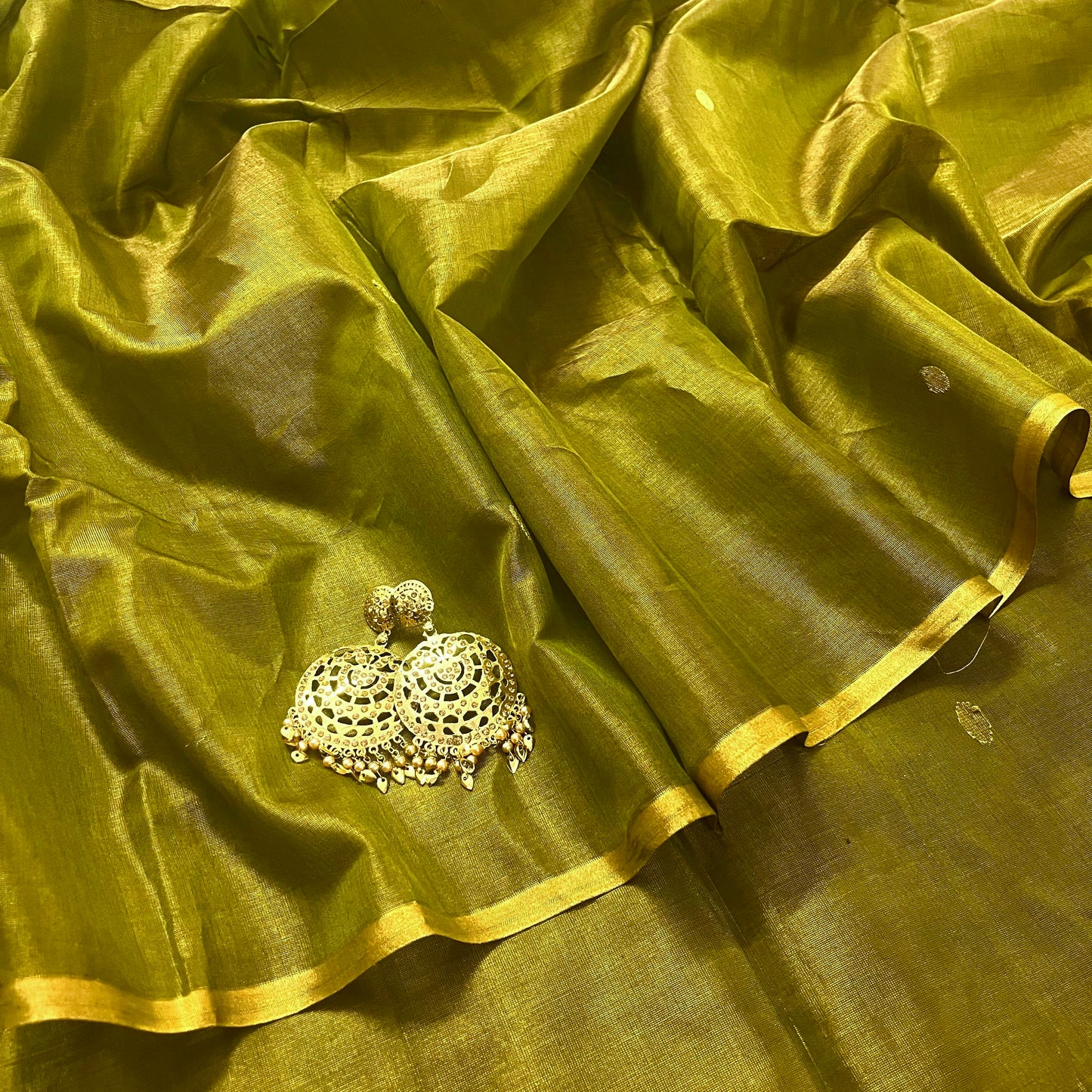 Olive gold maheshwari tissue silk saree with zari bootis all over