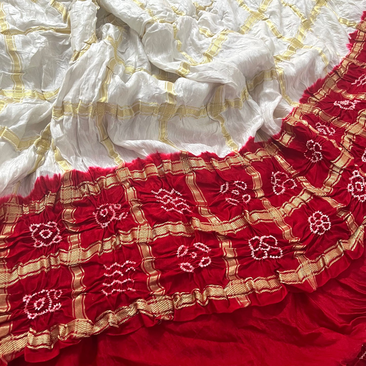 White and red Gharchola Bandhani saree with Zari Pallu