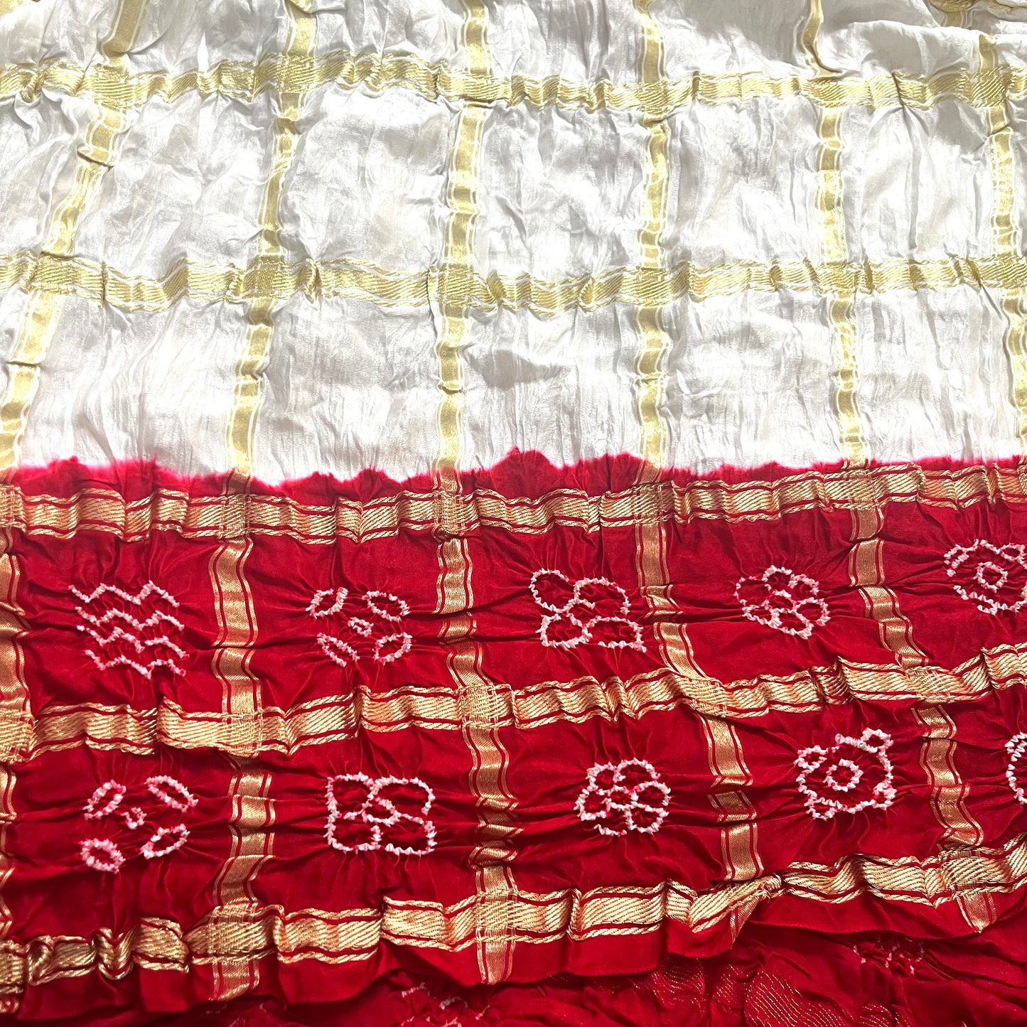 White and red Gharchola Bandhani saree with Zari Pallu