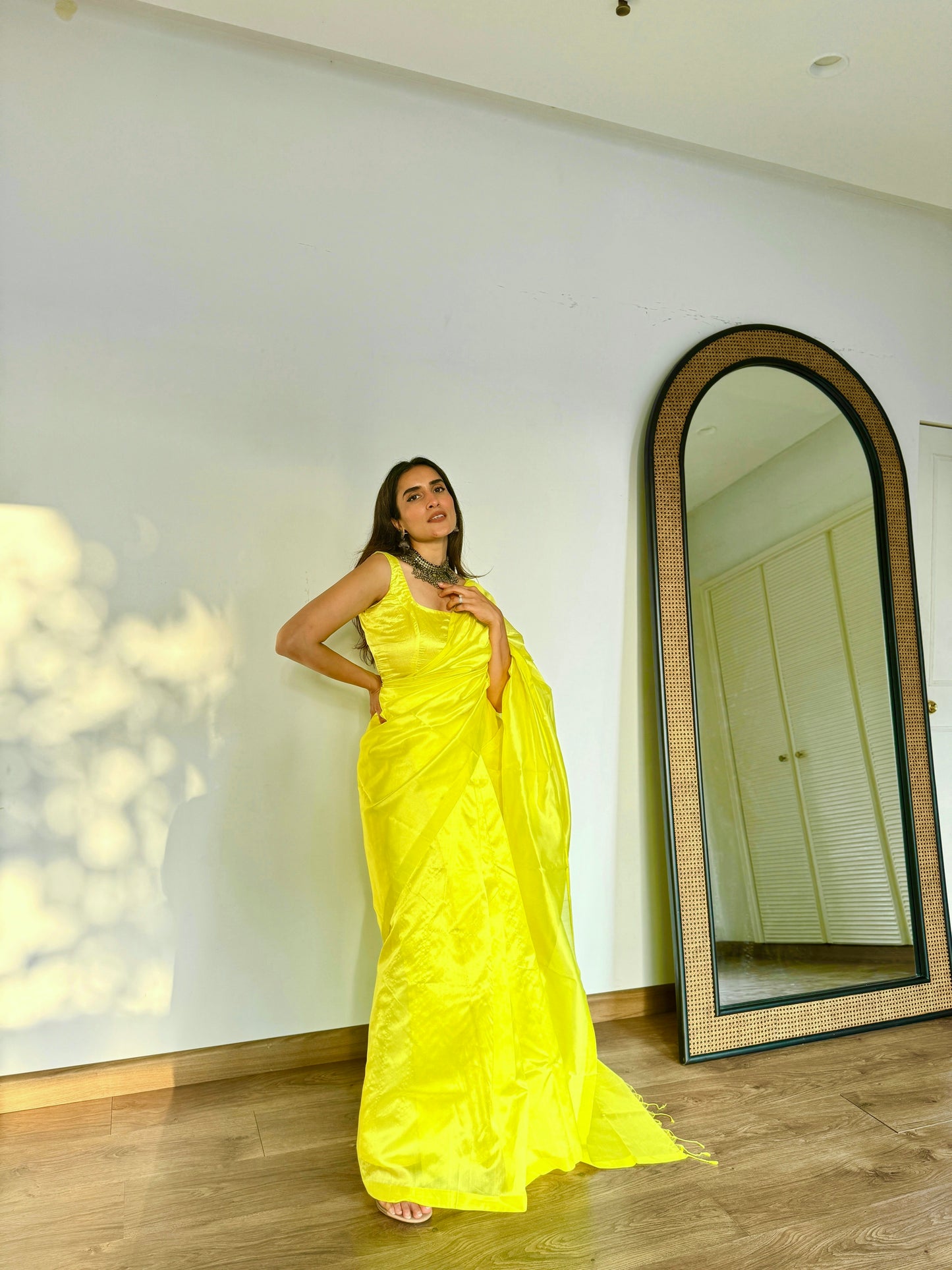 Lemon yellow Chanderi silk saree with silk border