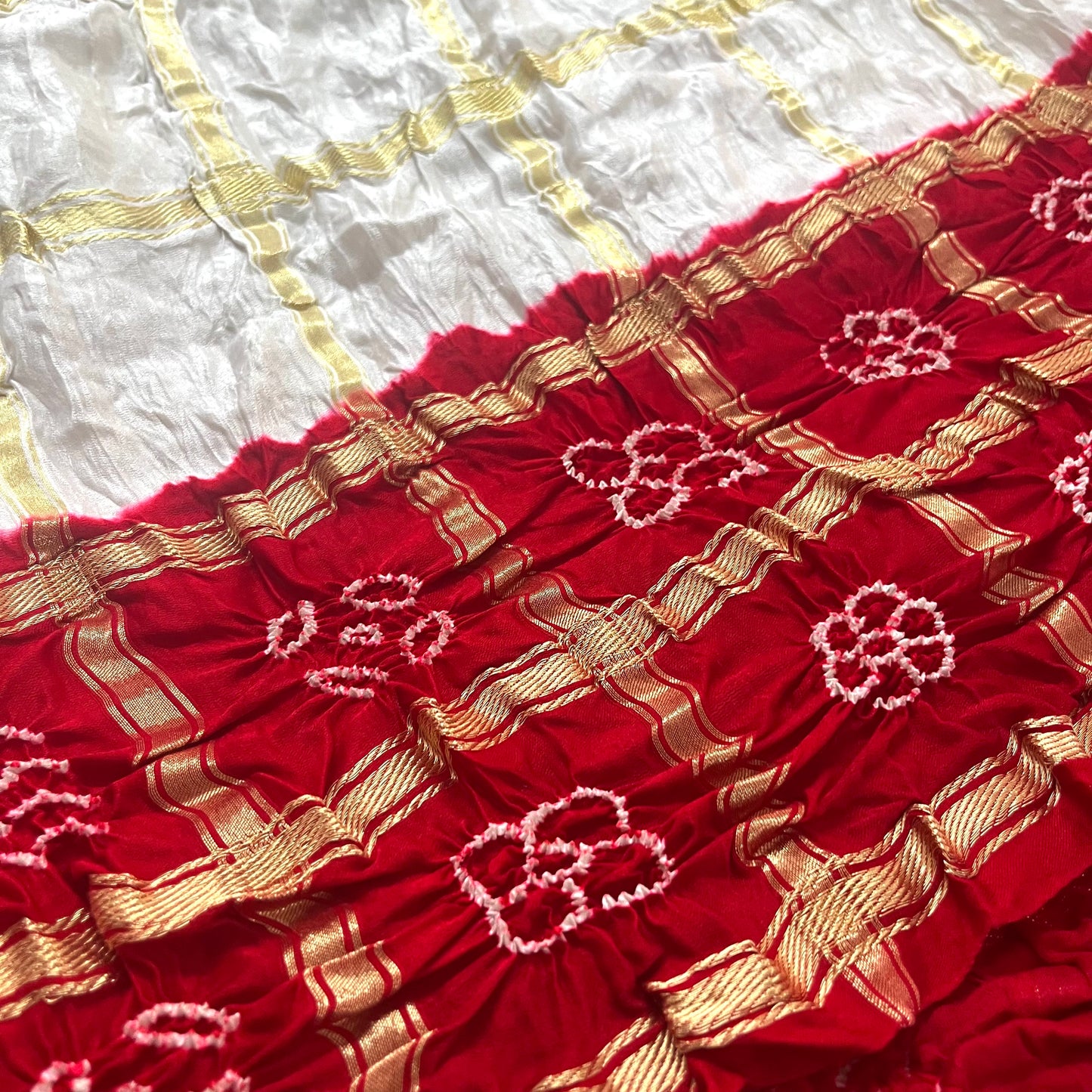 White and red Gharchola Bandhani saree with Zari Pallu