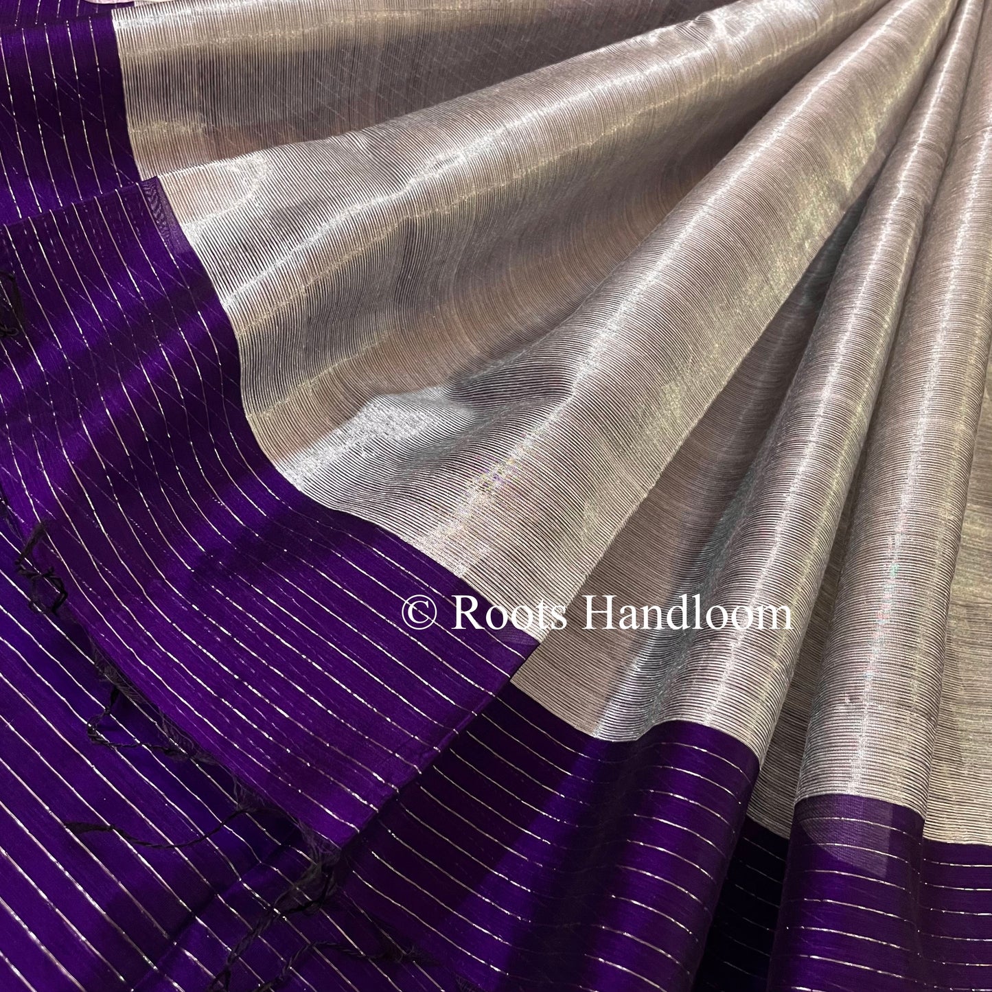 Dark Purple Maheshwari Saree with silver zari lines all over