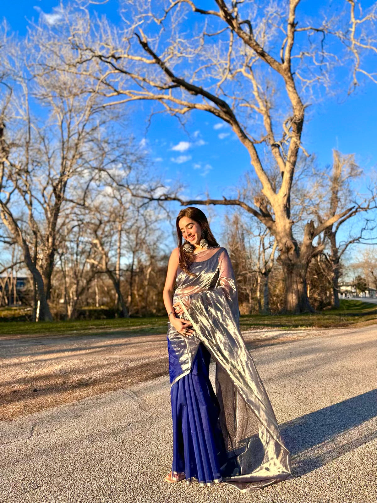 Dark blue and silver maheshwari saree with zari border