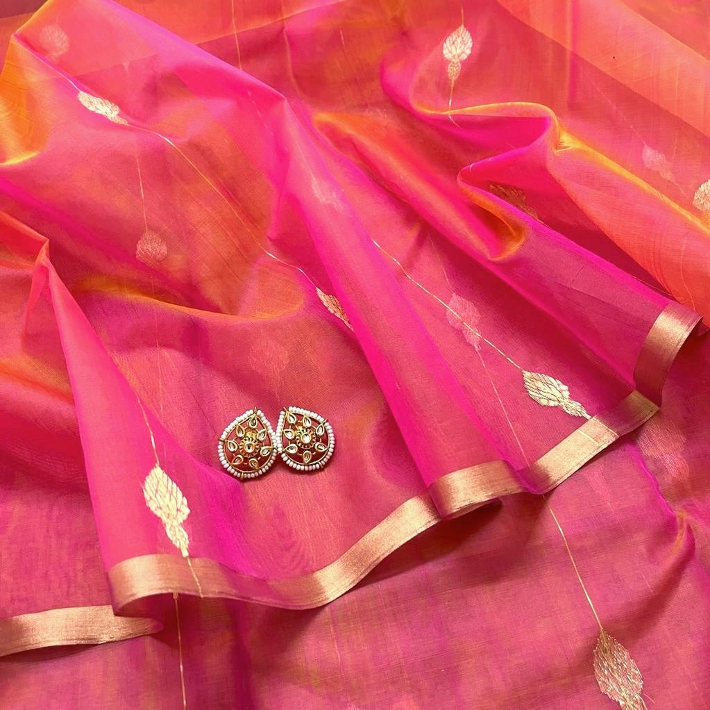 Coral pink dual tone Chanderi organza silk saree with jhumka motifs all over