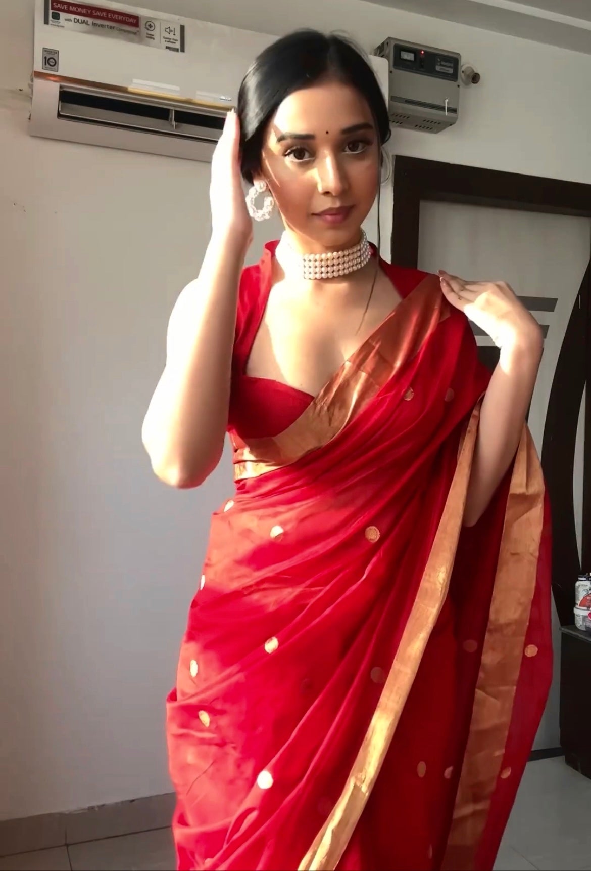 Red Saree with White Hearts - Perfect for valentines | IndiFesta