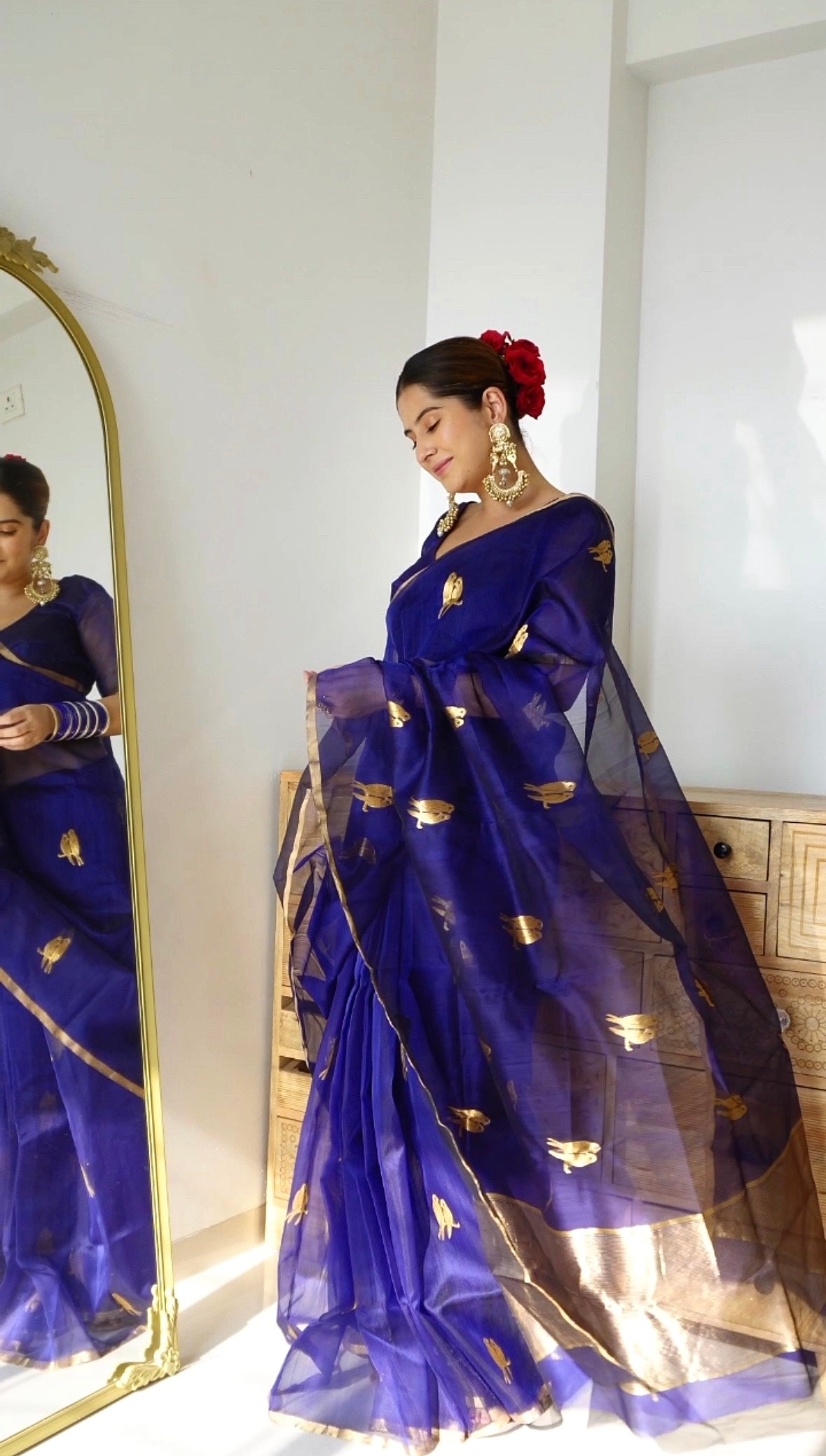 Midnight blue chanderi organza silk saree with bird motifs all over