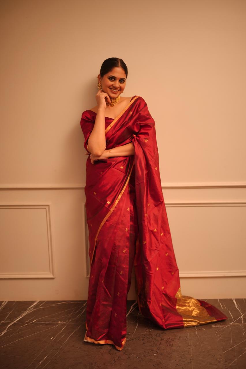 Deep maroon chanderi silk saree with flower bootis all over