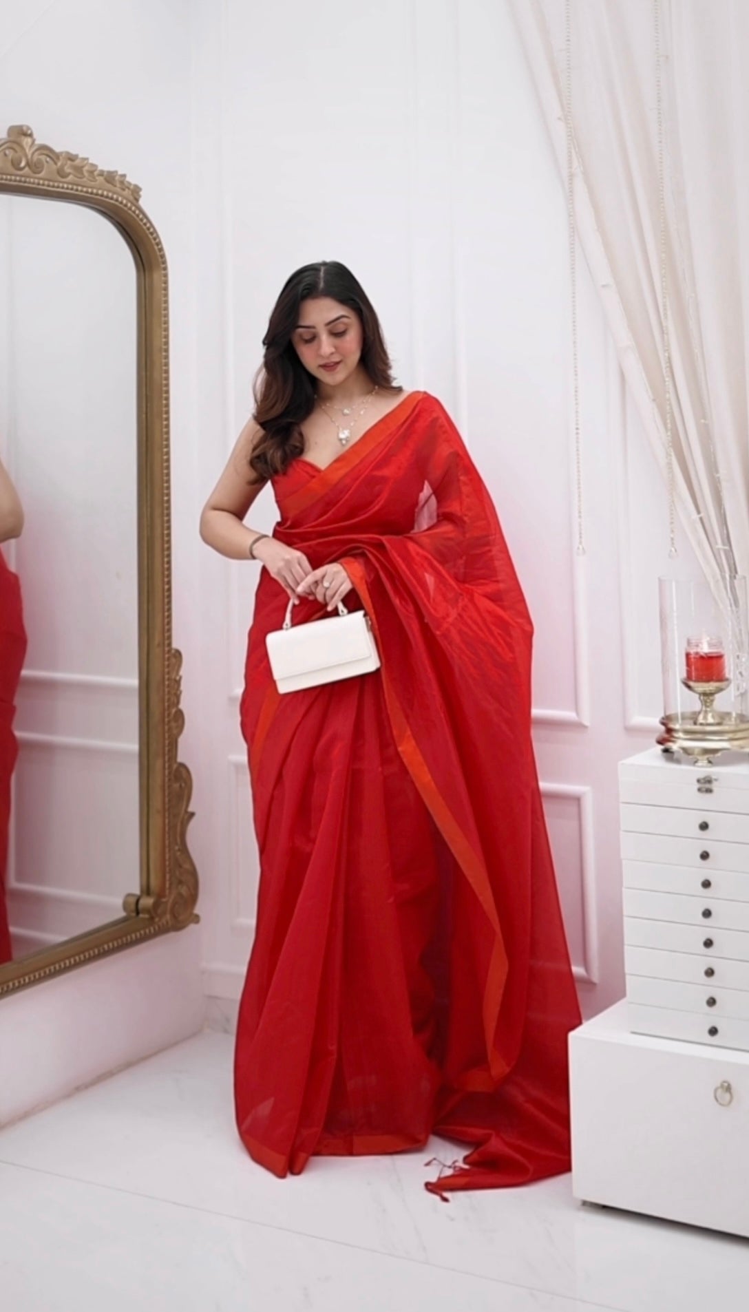 Red chanderi silk saree with silk border