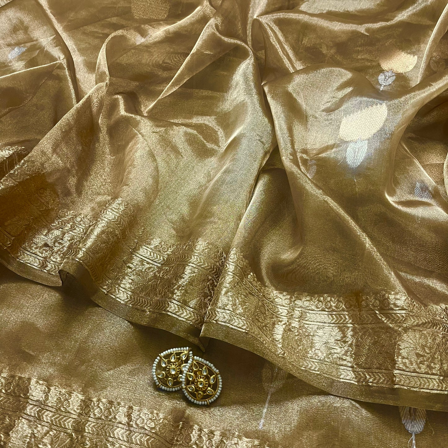 Antique gold Banarasi tissue silk saree with flower motifs all over