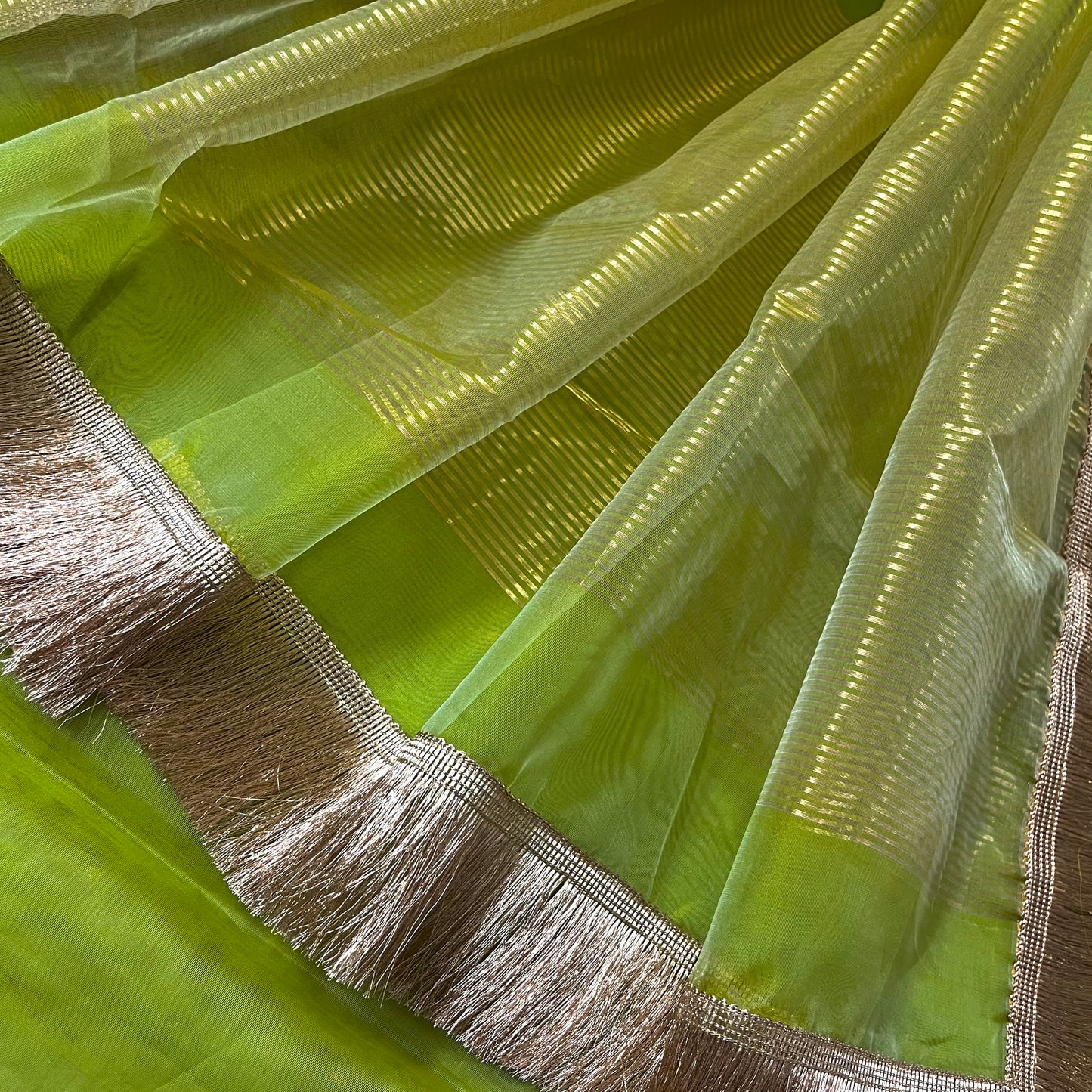 Tropical green chanderi silk saree with zari bootis and chaand bootis all over