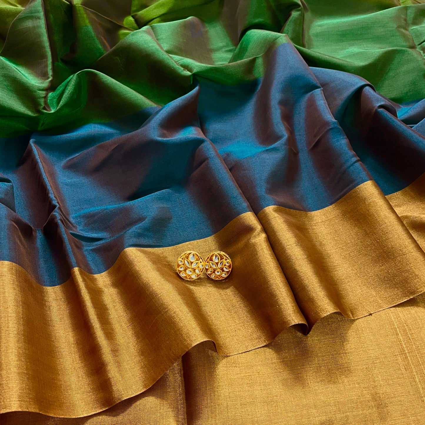 Green gold and blue chanderi tissue silk saree