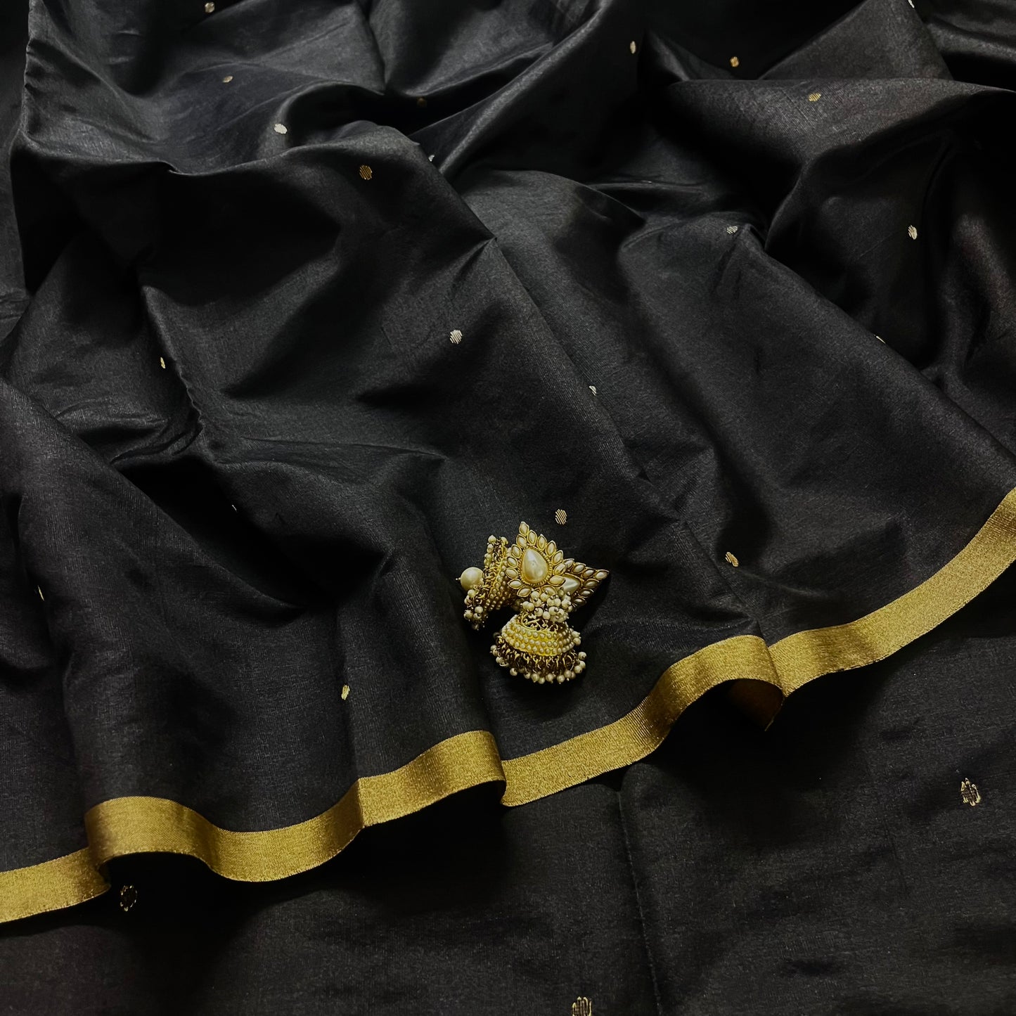 Black chanderi silk saree with zari bootis all over