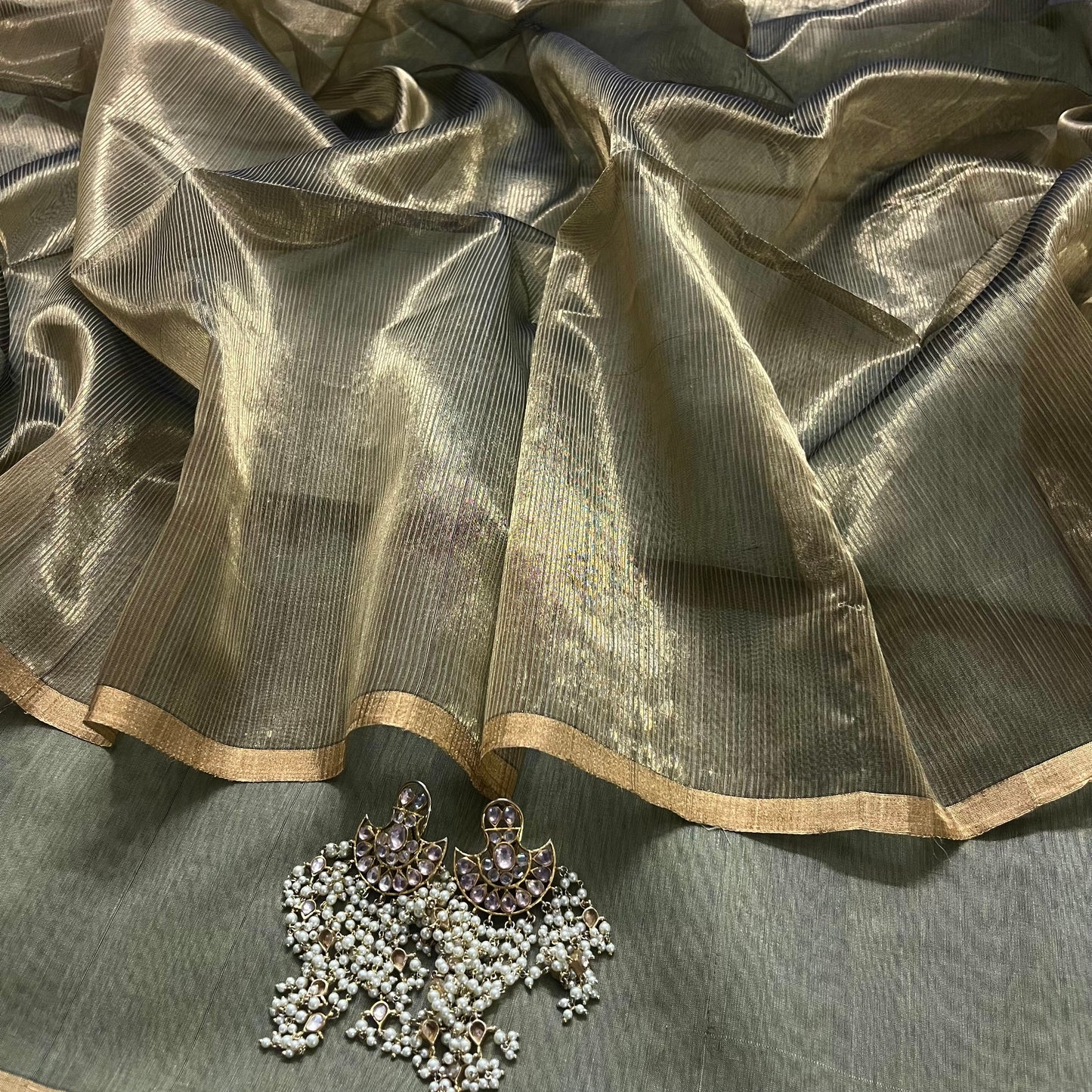 Olive and gold Maheshwari saree with zari border