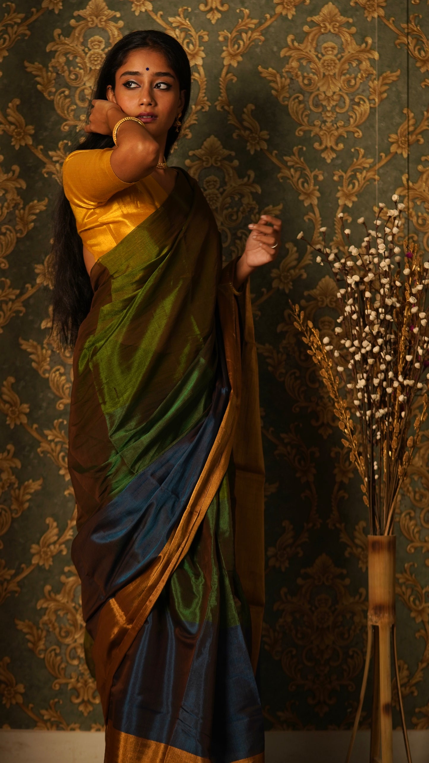 Green gold and blue chanderi tissue silk saree