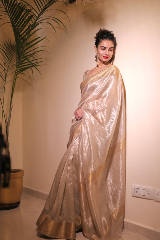 (Shop the look) Champagne gold maheshwari tissue silk saree with zari border