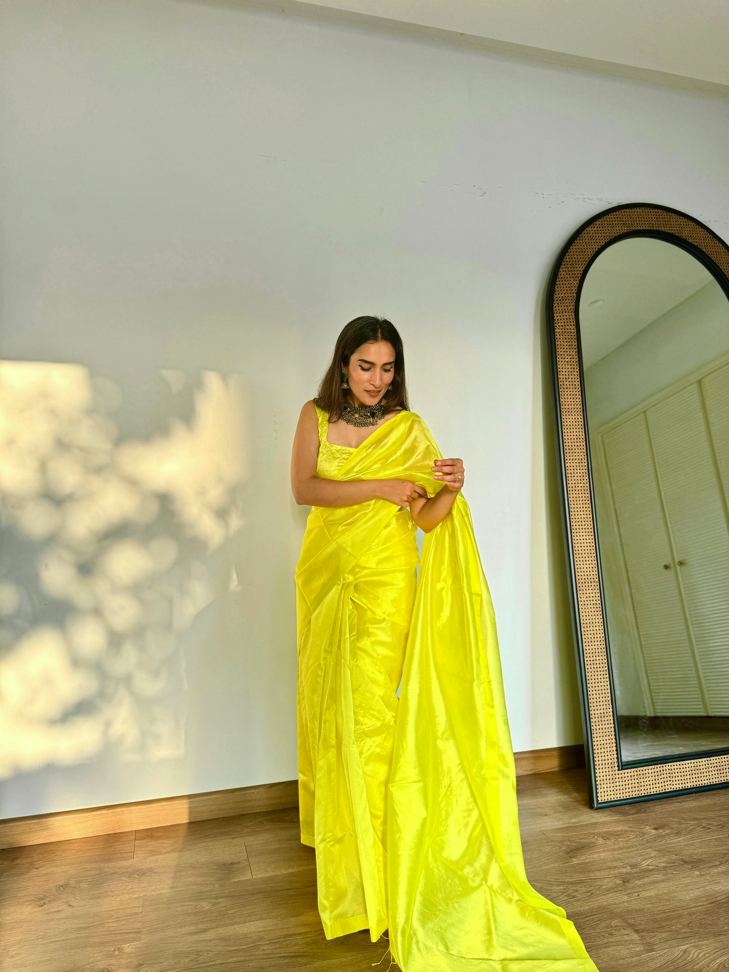 Lemon yellow Chanderi silk saree with silk border