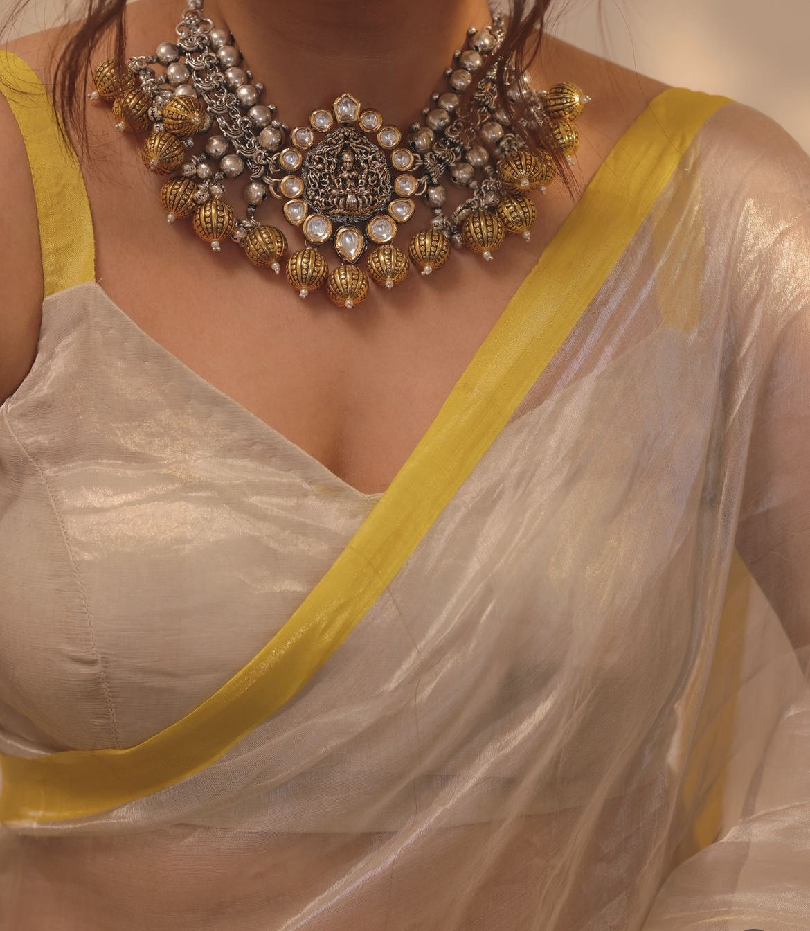 Silver white and lemon chanderi tissue silk saree