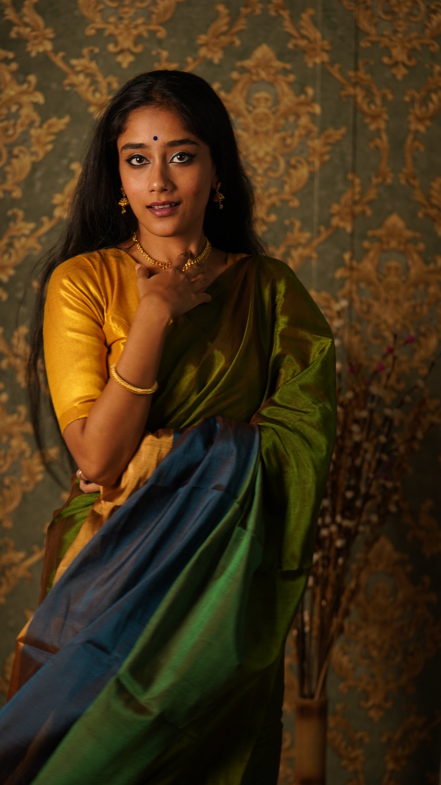 Green gold and blue chanderi tissue silk saree