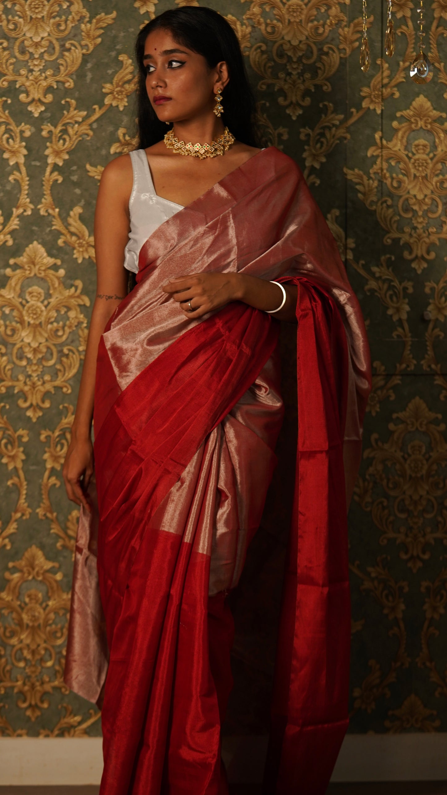 Silver and red chanderi tissue silk saree