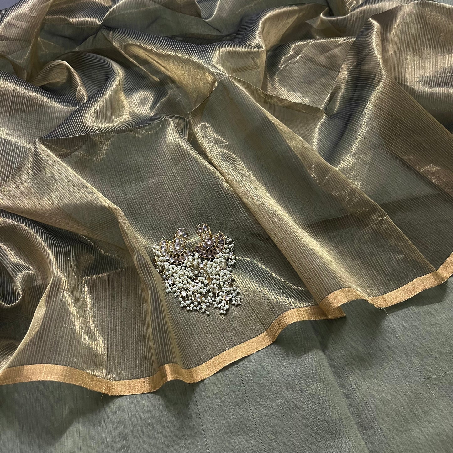 Olive and gold Maheshwari saree with zari border