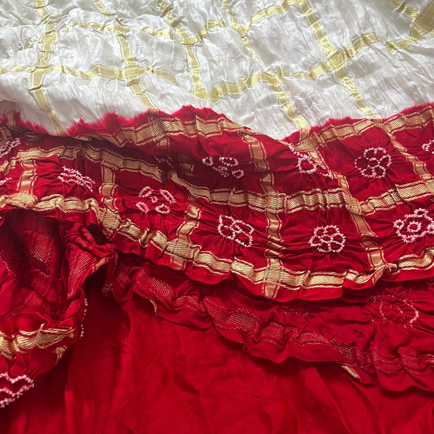 White and red Gharchola Bandhani saree with Zari Pallu