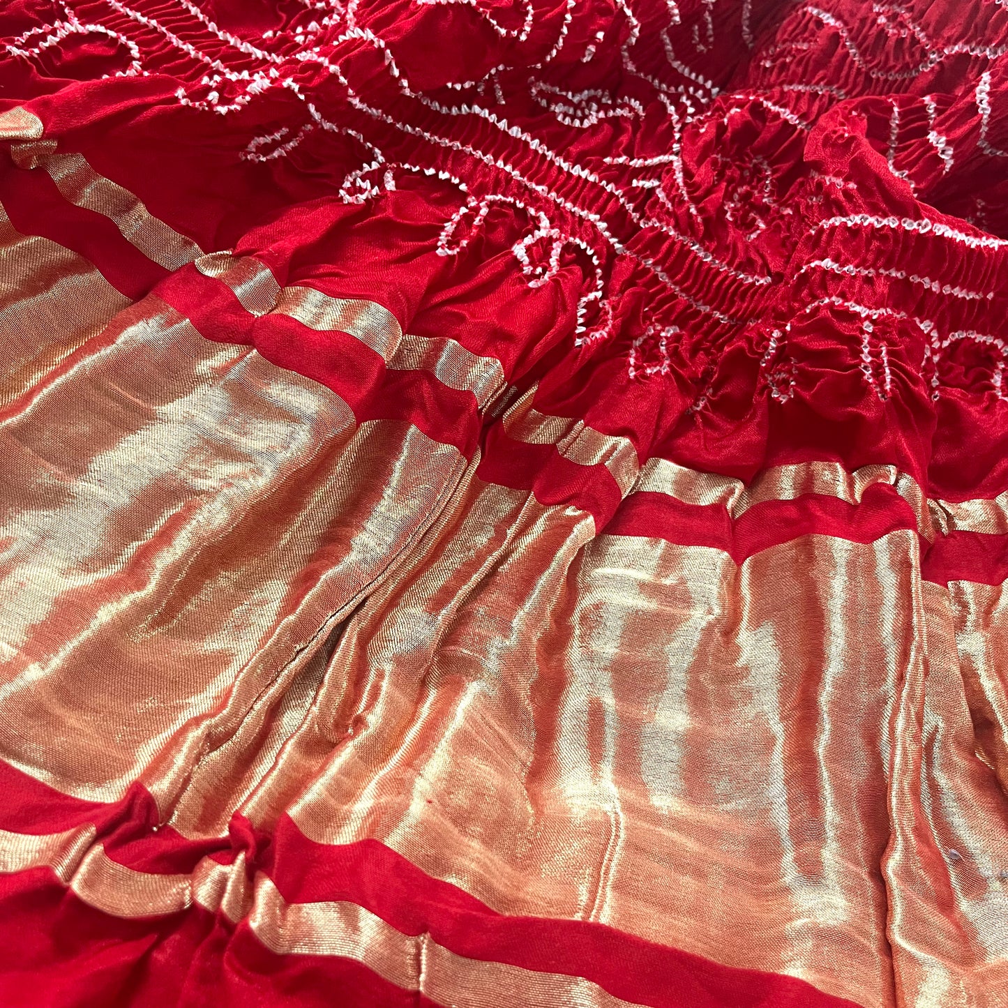 White and red Gharchola Bandhani saree with Zari Pallu