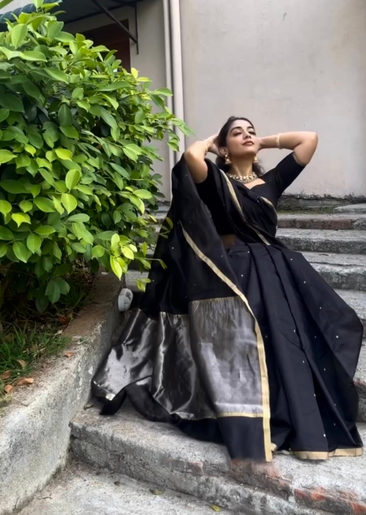 Black chanderi silk saree with zari bootis all over