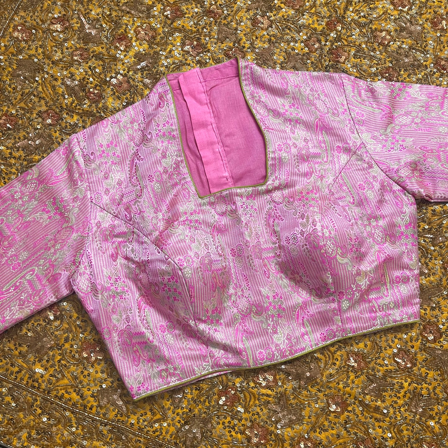 Pink brocade silk pre stitched blouse