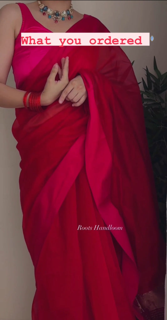 Red and pink maheshwari saree with resham border