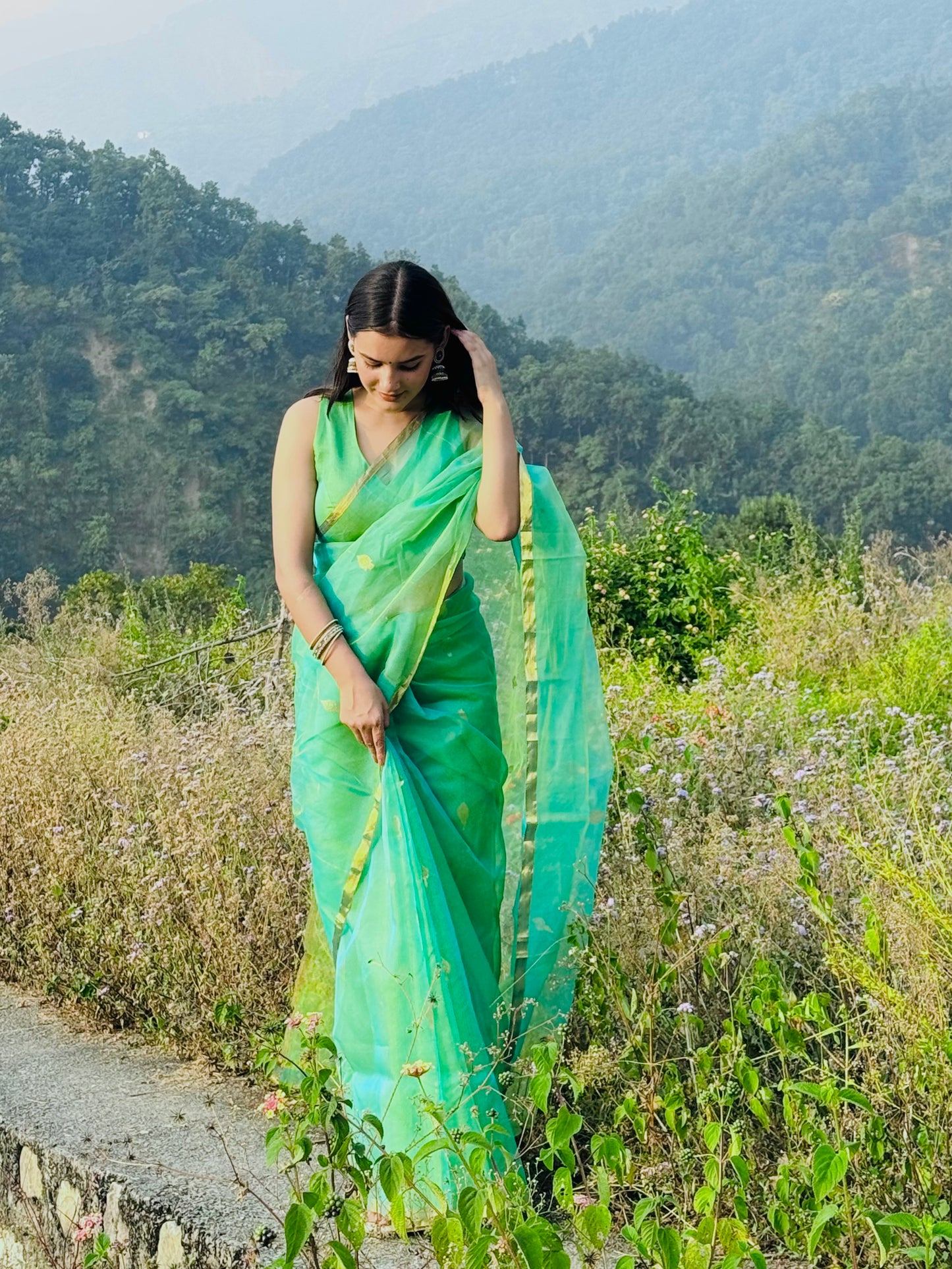 Green and gold dual tone chanderi organza silk saree with jhumka motifs all over