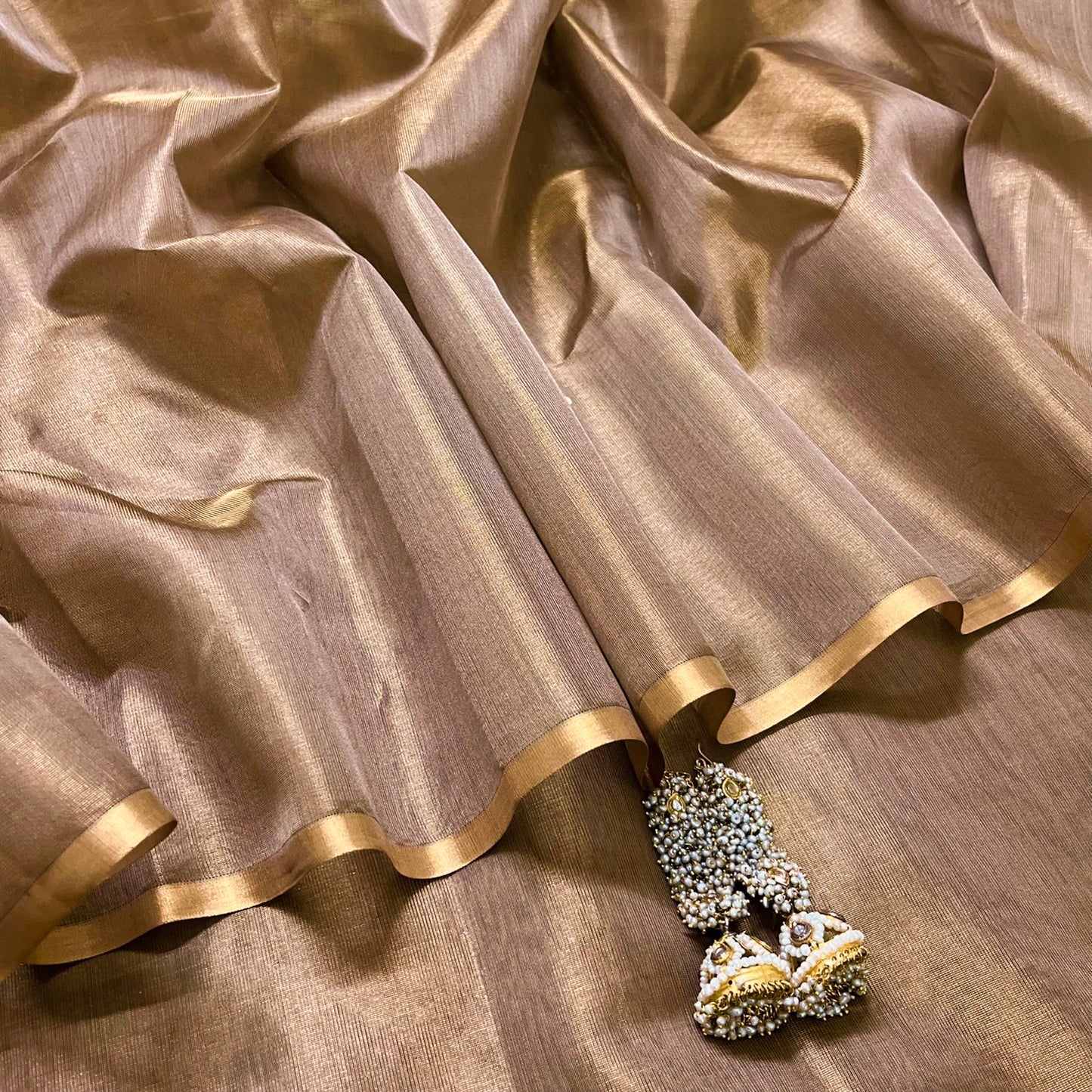Caramel Gold Maheshwari Tissue Silk Saree with Zari bootis all over