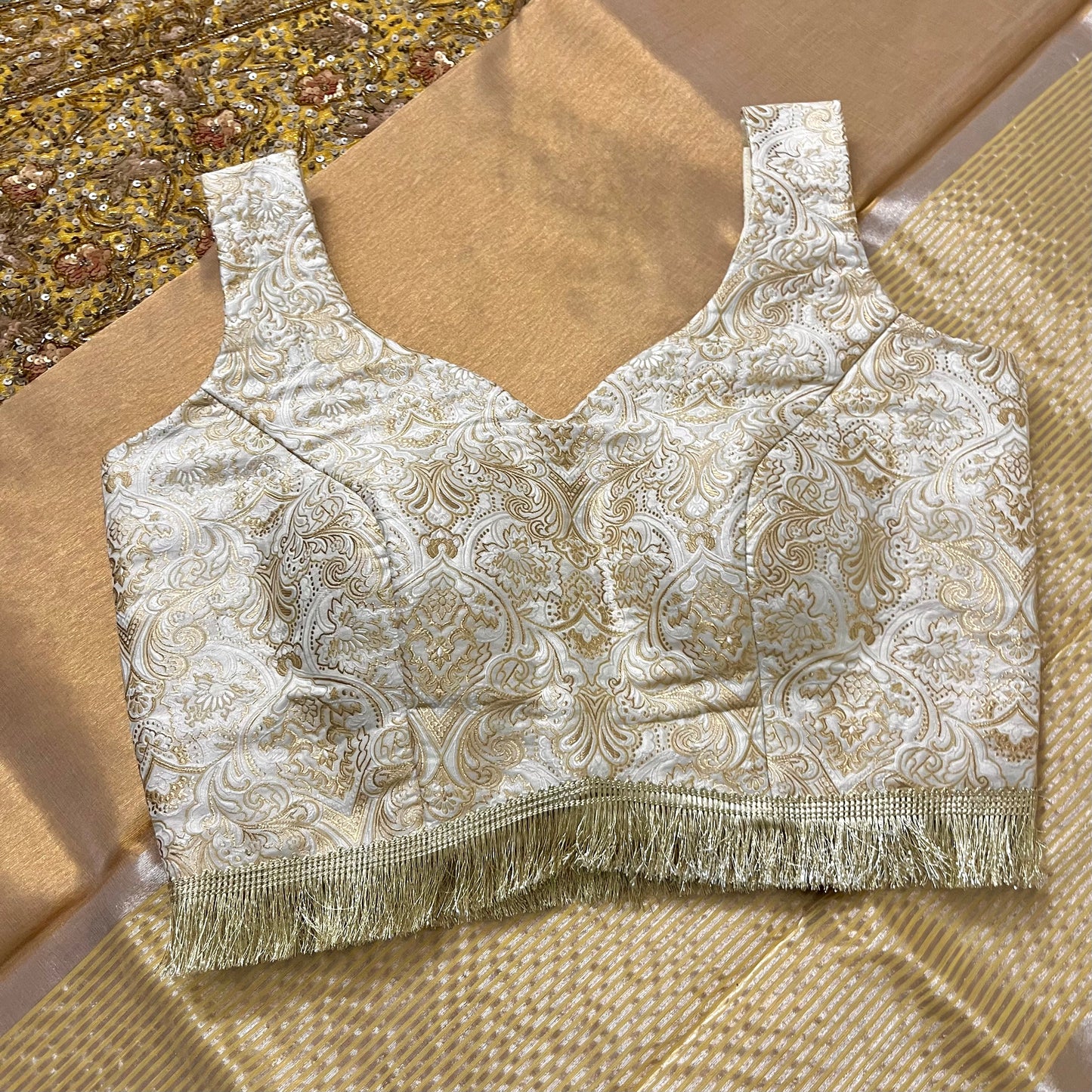 Off white gold brocade silk pre stitched blouse