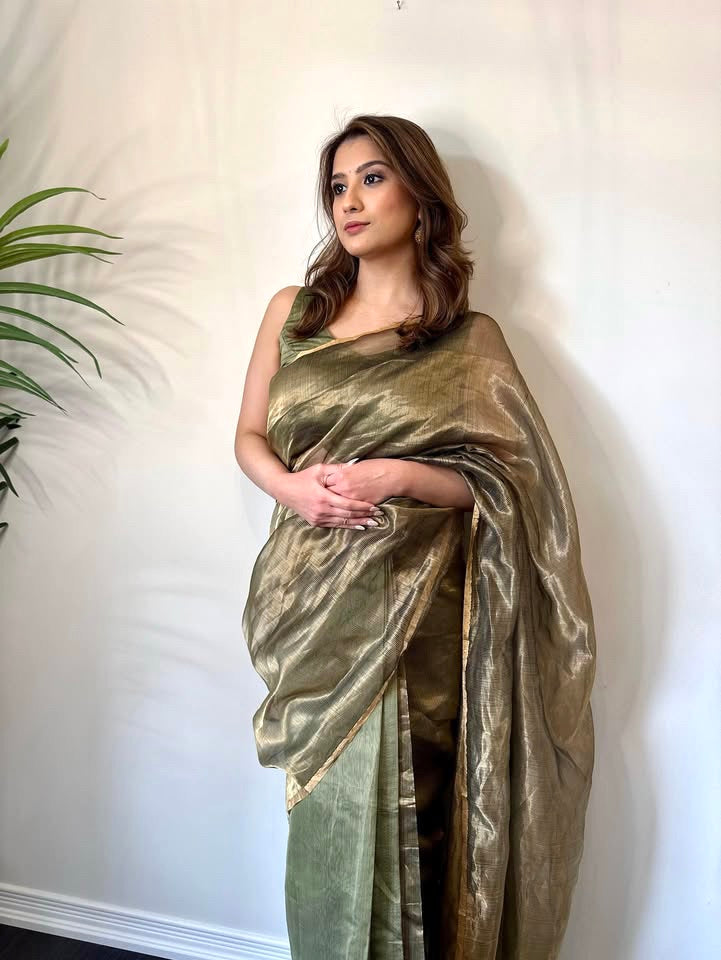 Olive and gold Maheshwari saree with zari border