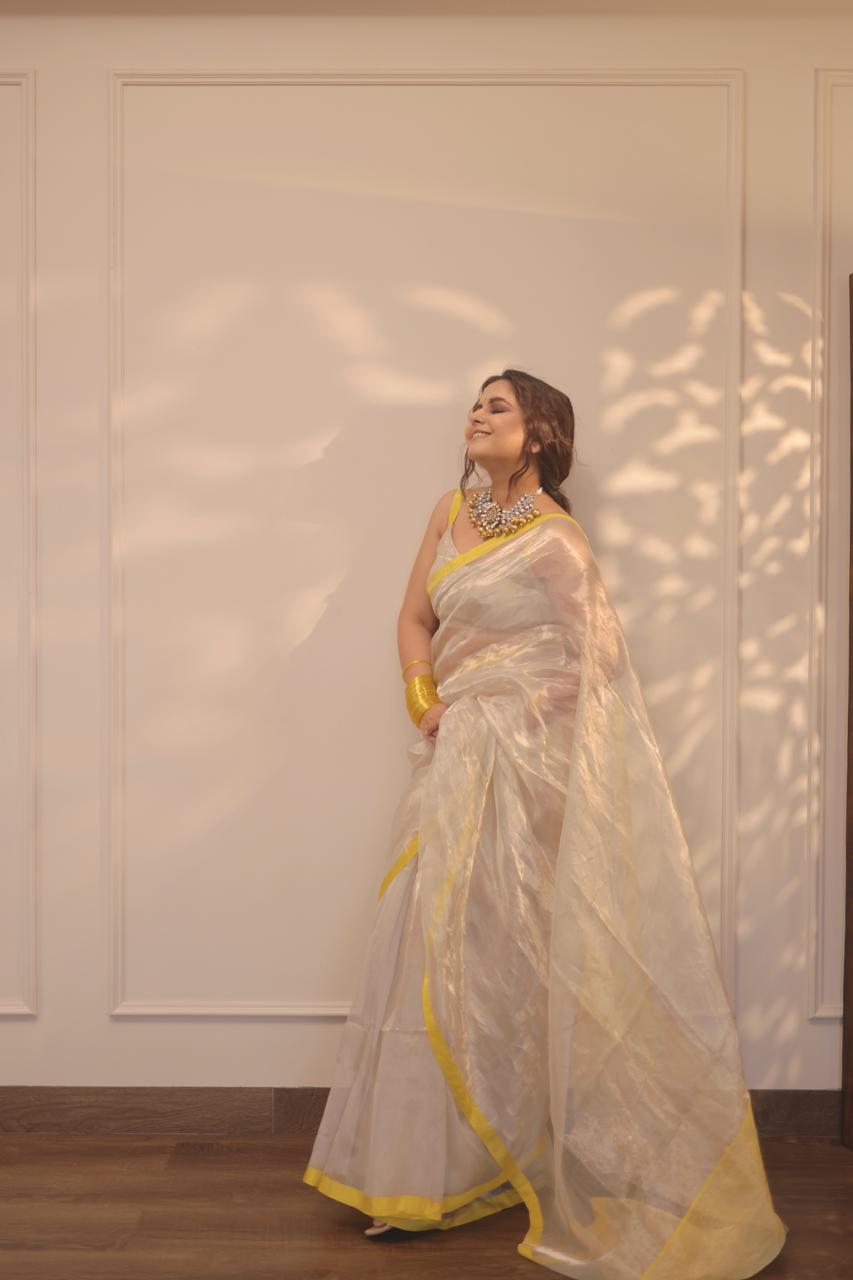 (Shop the look) Silver white and lemon chanderi tissue silk saree