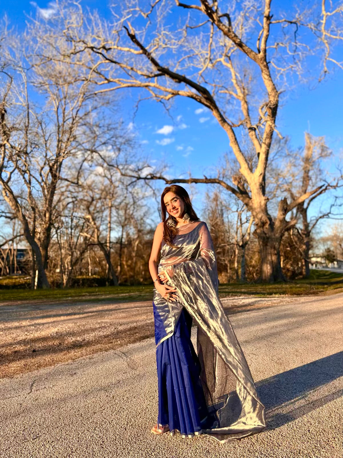 Dark blue and silver maheshwari saree with zari border