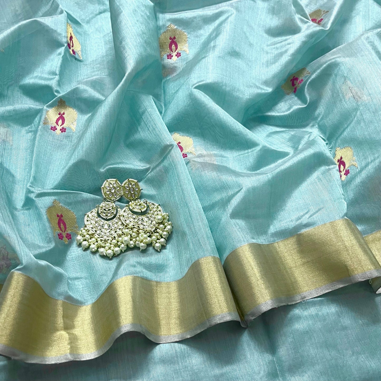 Baby blue chanderi silk saree with meenakari work all over