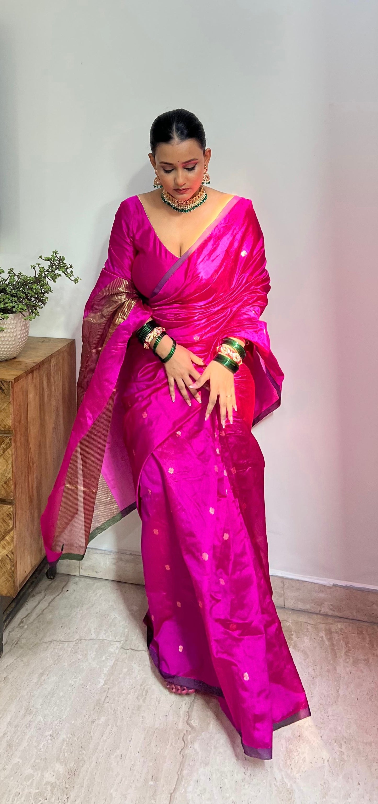 Magenta pink chanderi silk saree with flower bootis all over