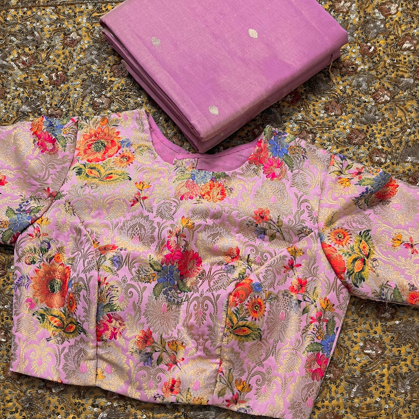 Rose pink brocade silk pre stitched blouse