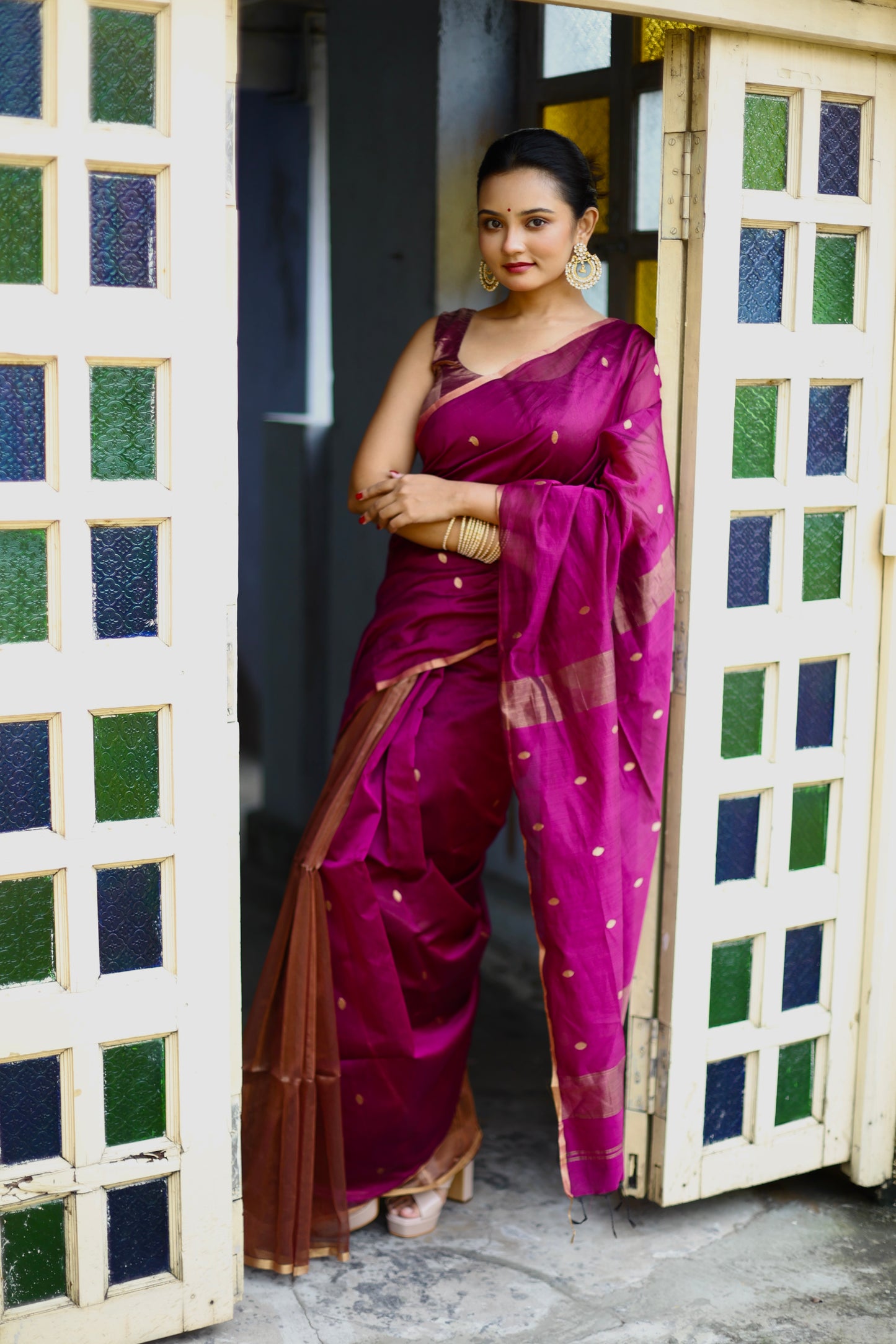 Violet maheshwari saree with zari bootis and zari lines