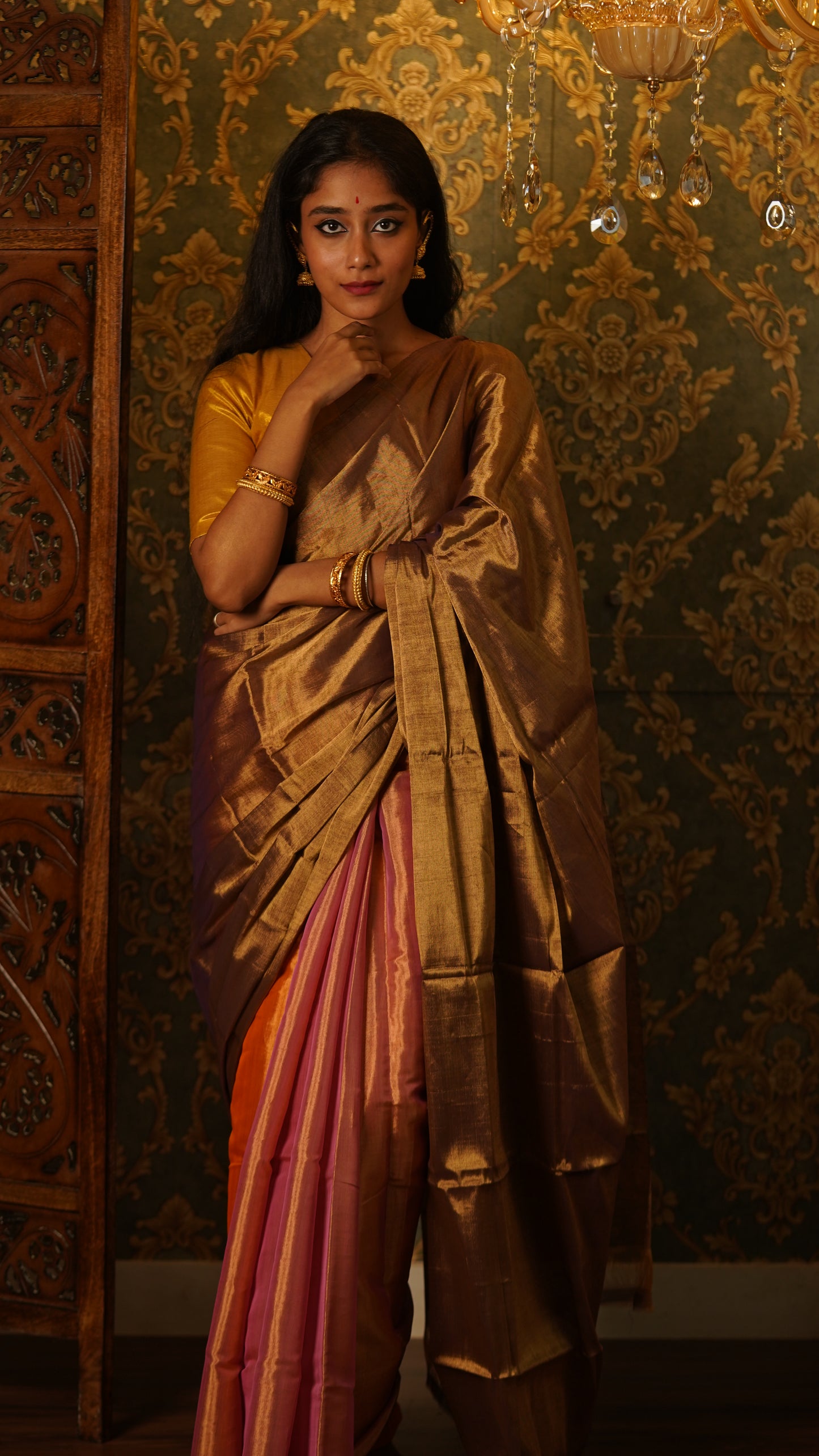 Antique gold and pink chanderi tissue silk saree