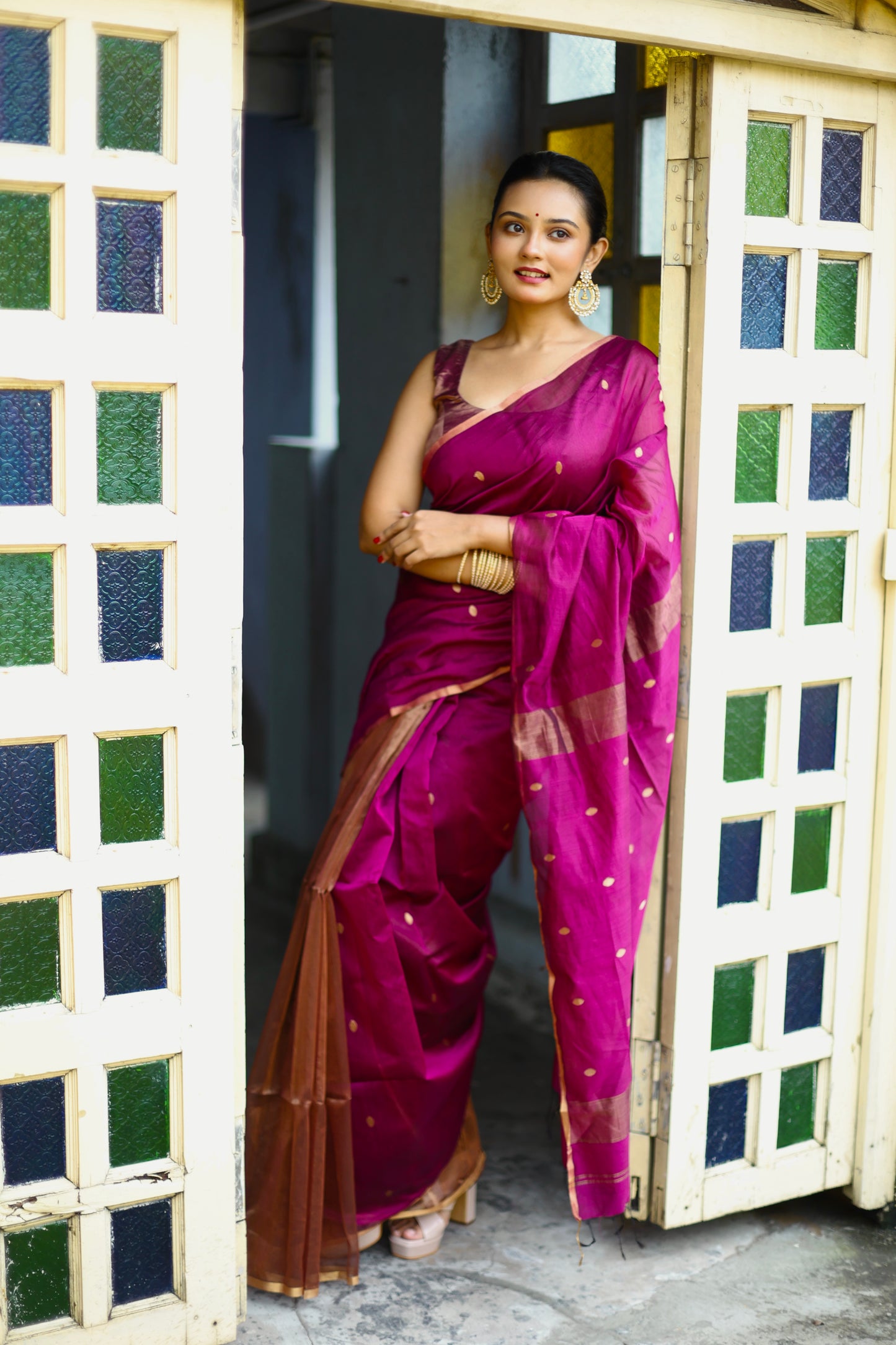 Violet maheshwari saree with zari bootis and zari lines